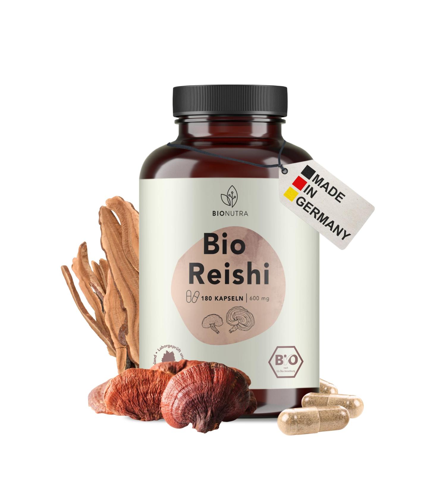 BIONUTRA Reishi Bio Capsules high dose 1200 mgday residue controlled German production vegan lactose & gluten free without additives Ganoderma lucidum 180 pieces x 600 mg - Buy Online on GoSupps.com