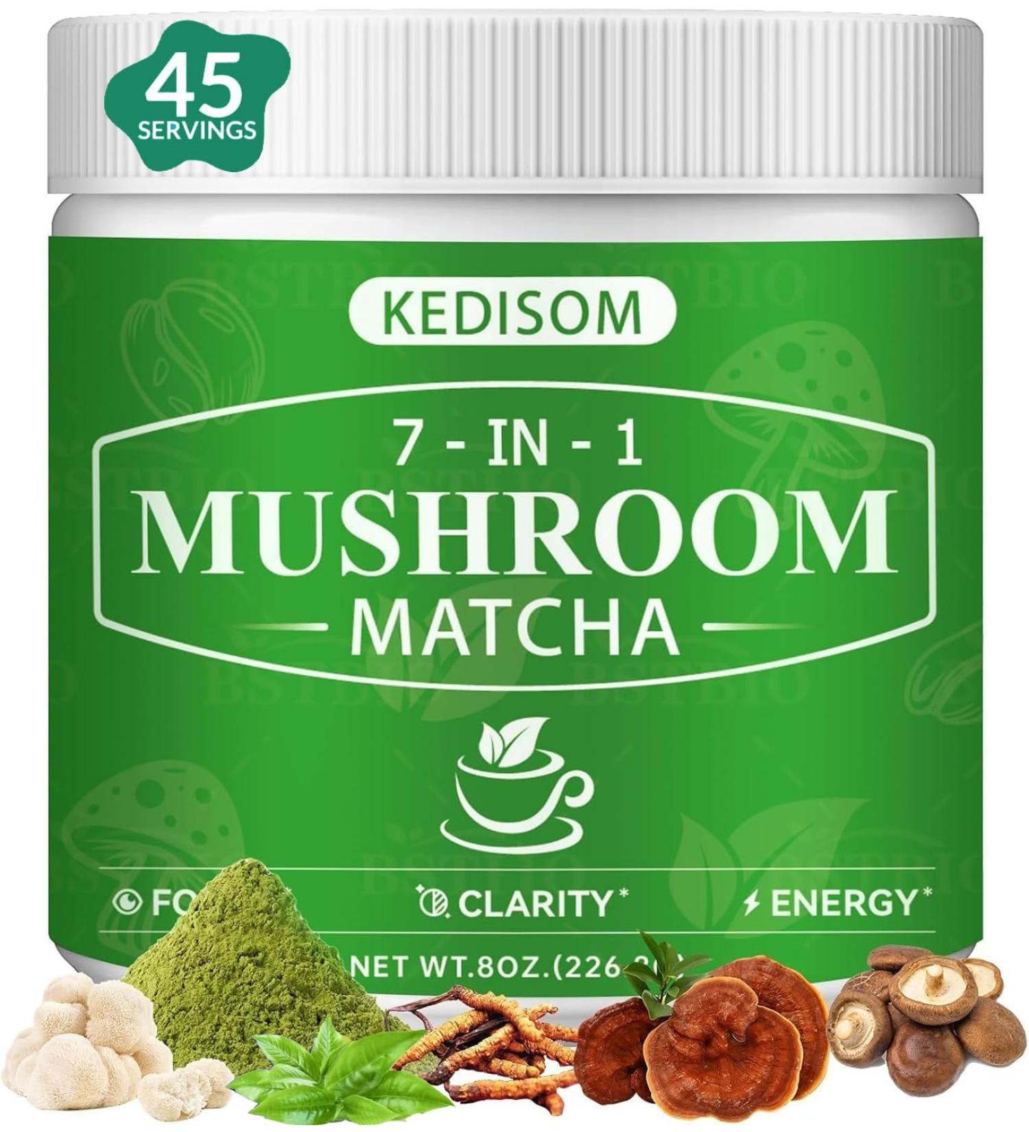 Mushroom Matcha, Adaptogenic Mushroom Blend with 7 Superfood Mushrooms and Ceremonial-Grade Matcha for Energy, Focus, Digestion, Immunity with Turkey Tail, Shiitake, Lion's Mane, 45 servings - Buy Online on GoSupps.com