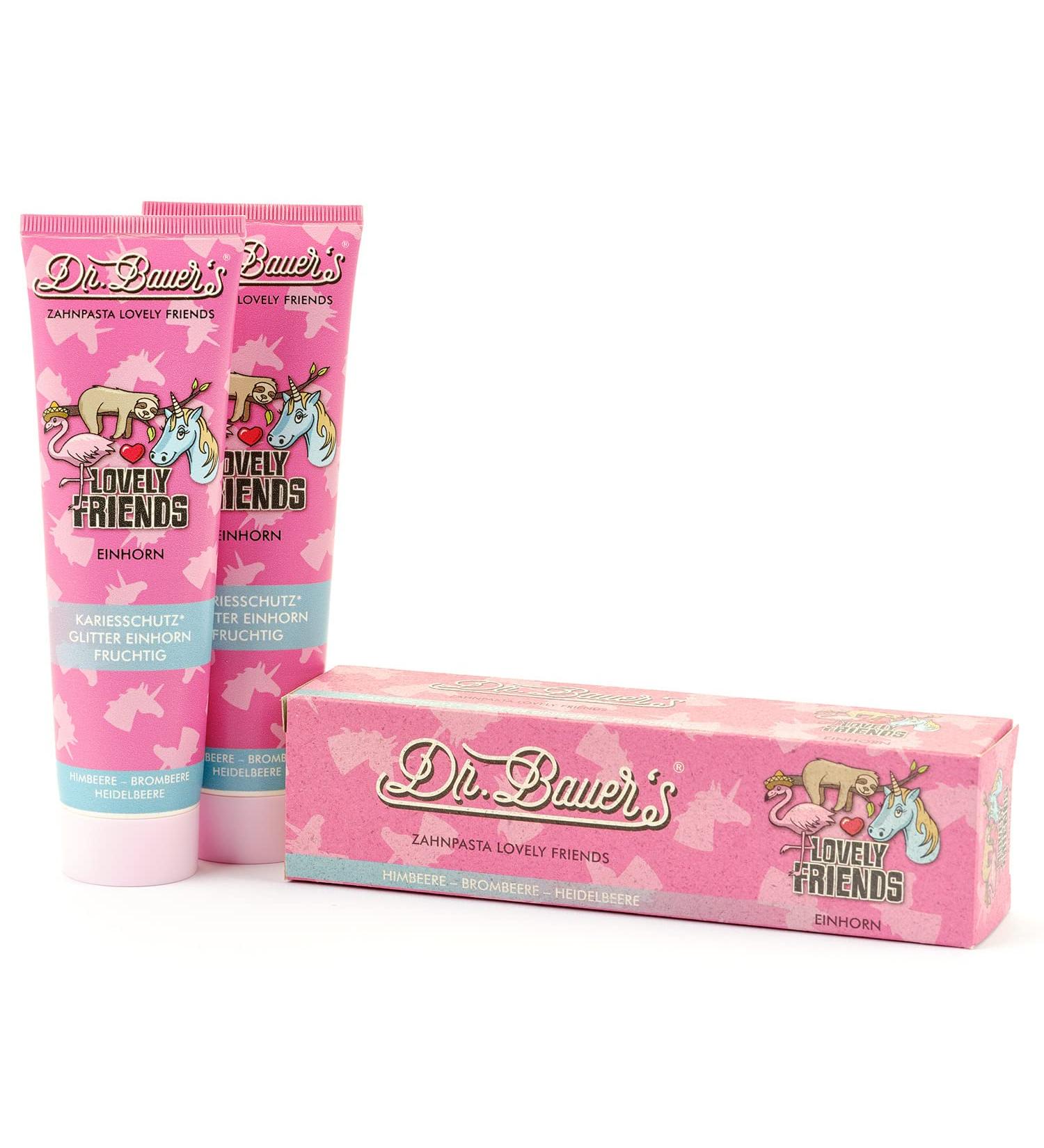 Dr. Bauer's Lovely Friends Toothpaste 2 Pack with Glitter Designs Multiple Flavors For Kids & Adults Sustainable Packaging 90ml per Tube Unicorn - Buy Online on GoSupps.com