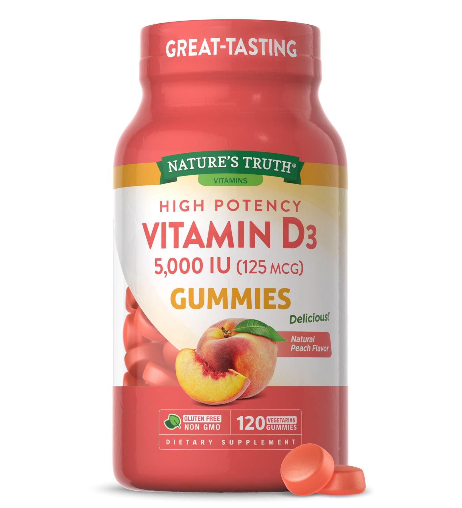 Nature's Truth Vitamin D3 Gummies 5000 IU - 120 Count | Vegetarian Non-GMO & Gluten Free | Peach Flavor - Buy Online on GoSupps.com