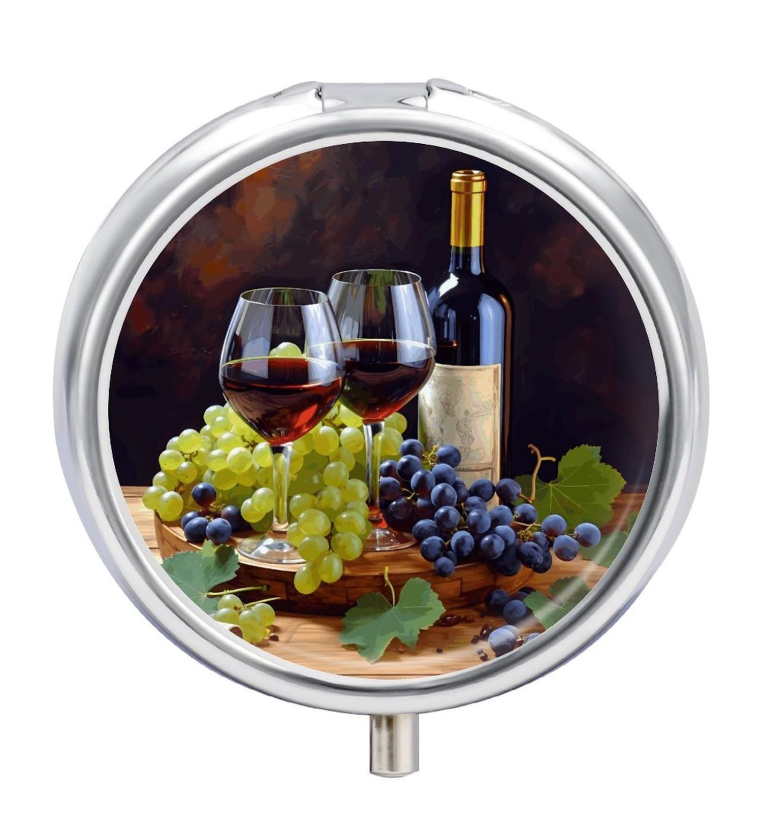 Shop Round Pill Box with Red Wine Glasses & Grapes Print - 3 Compartment Decorative Metal Organizer for Medication - Buy Online on GoSupps.com