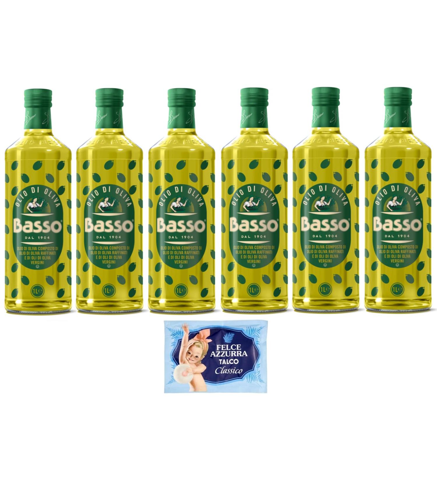 6 x Basso Olio di Oliva Olive Oil Super for Frying 1 Liter Glass Bottles + 1 x Free Felce Azzurra Talcum Powder Pack 100 g Bag - Buy Online on GoSupps.com