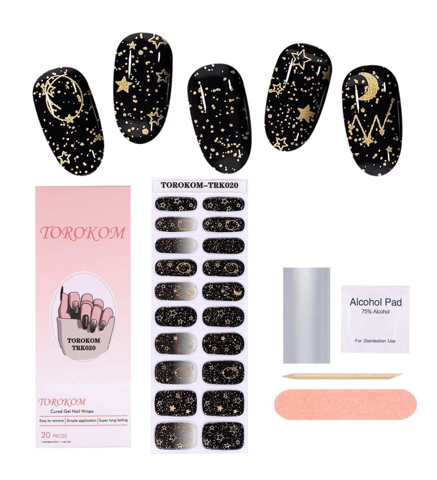 TOROKOM Semi-Cured Gel Nail Strips - Long Lasting Black Moon Ombre Nail Wraps with Cuticle Stick Nail File & Wipes - UV/LED Lamp Required - Buy Online on GoSupps.com