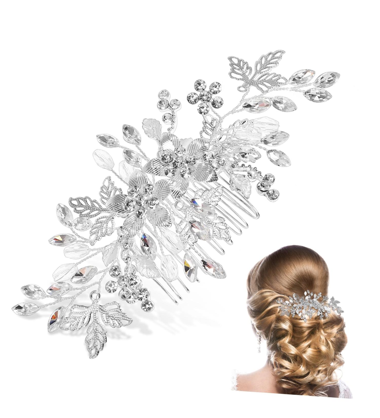 Mikinona Rhinestone Tuck Comb Flower Side Comb Side Combs Bridal Hair Comb Weeding Bride Hair Accessories Wedding Accessories Hair Comb for Women Rhinestone Leaf Hairpin Hair Jewelry Metal - Buy Online on GoSupps.com