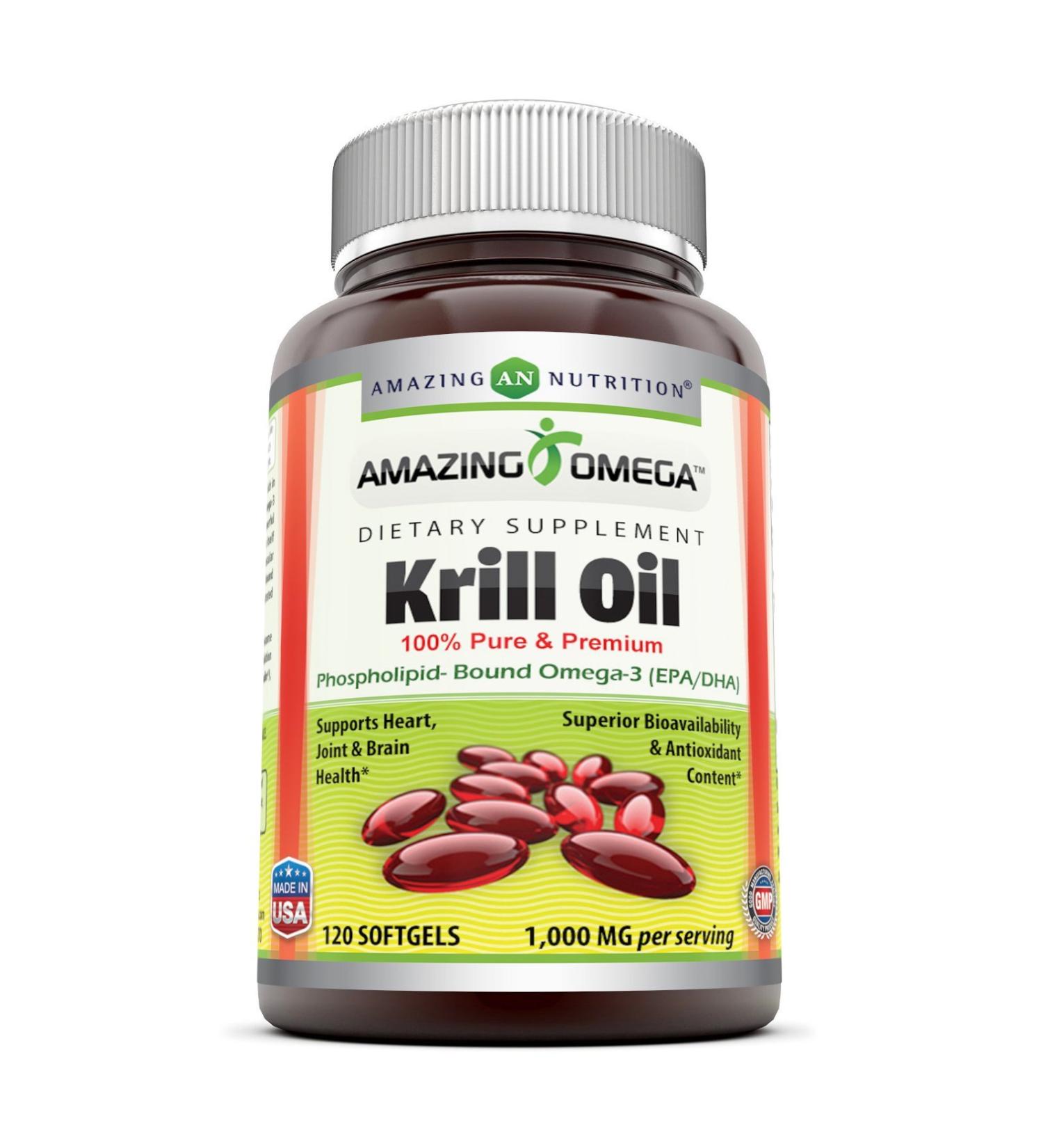 Amazing Omega Krill Oil 1000mg - EPA, DHA, Phospholipids, Astaxanthin - 120 Softgels - Non-GMO, Gluten Free - Heart, Joint & Brain Health Support - Buy Online on GoSupps.com