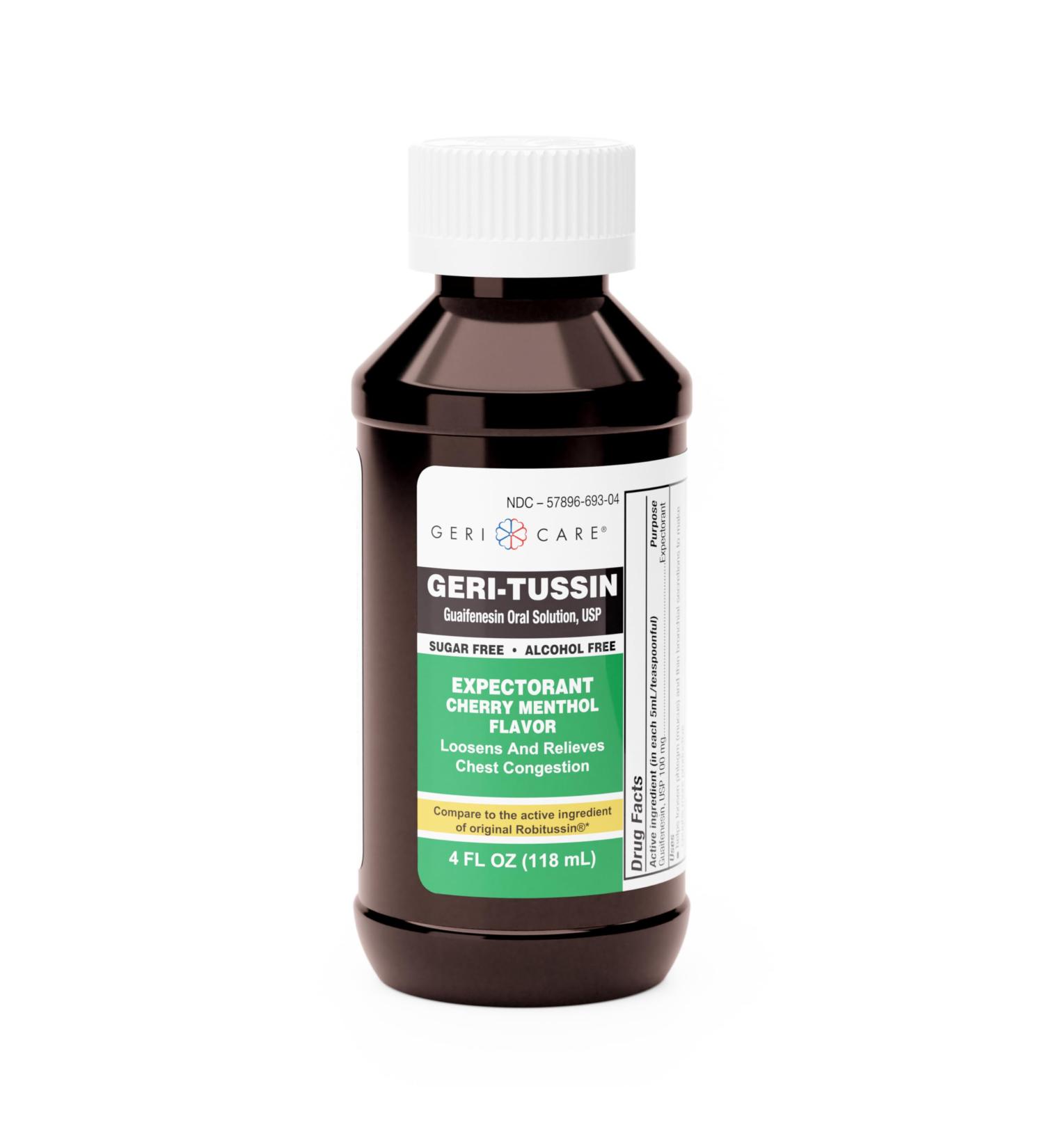 Geri-Tussin Cold and Cough Relief Guaifenesin Syrup by GeriCare| Sugar-Free Guaifenesin Liquid Expectorant| Cough Syrup & Chest Decongestant| Cherry Menthol Flavor Guaifenesin Oral Solution| 4 Fl Oz Expectorant 4 Fl Oz (Pac  - Buy Online on GoSupps.com