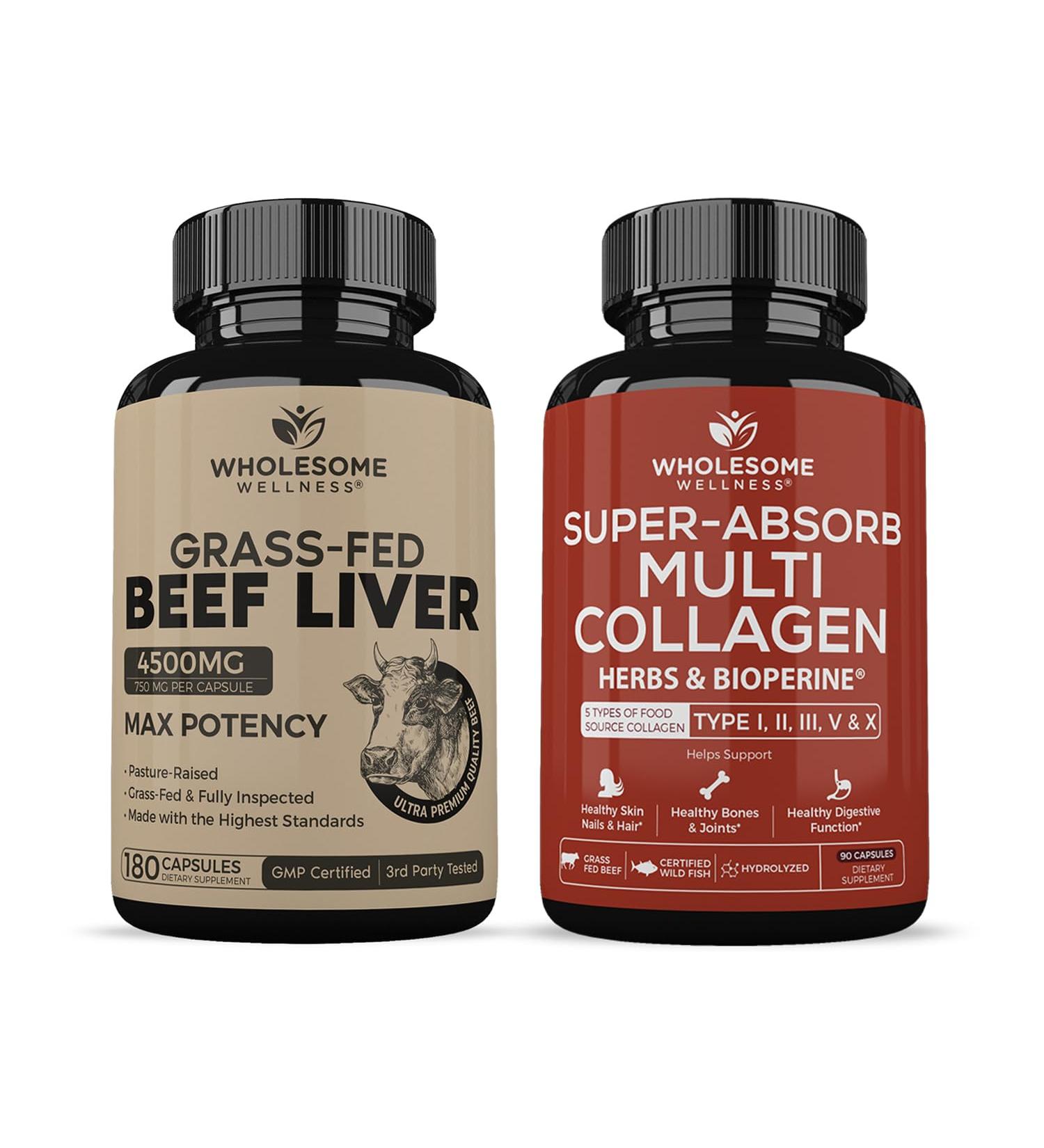 Grass Fed Desiccated Beef Liver Capsules (180 Pills 750mg Each) - Natural Iron Vitamin A B12 for Energy + Super-Absorb Multi Collagen Pills (Type I II III V X) Organic Herbs and Bioperine Bundle - Buy Online on GoSupps.com