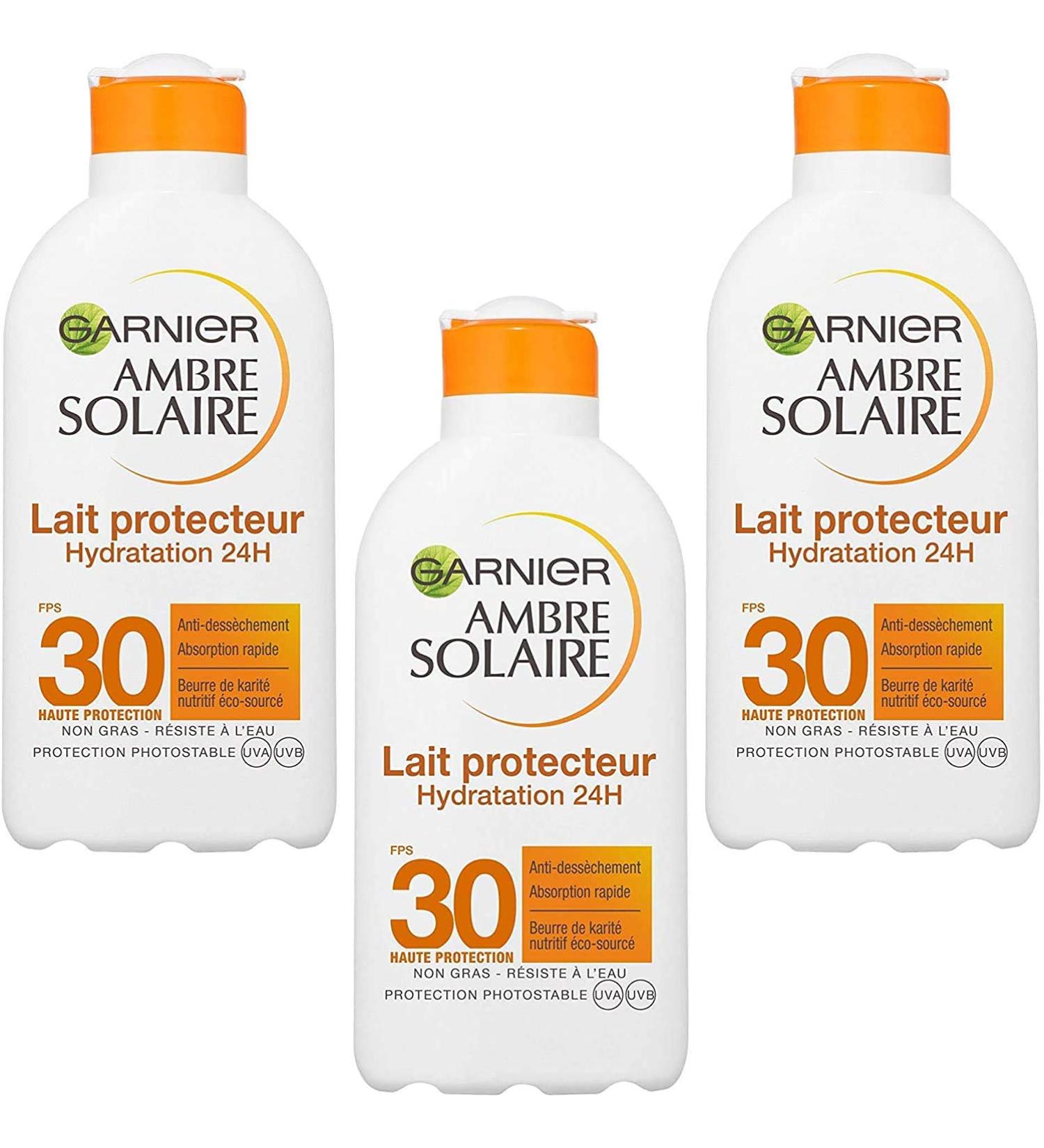 Garnier Ambre Solaire Protective Moisturizing Lotion 24 Hours SPF 30, Pack of 3 (3 x 200 ml)