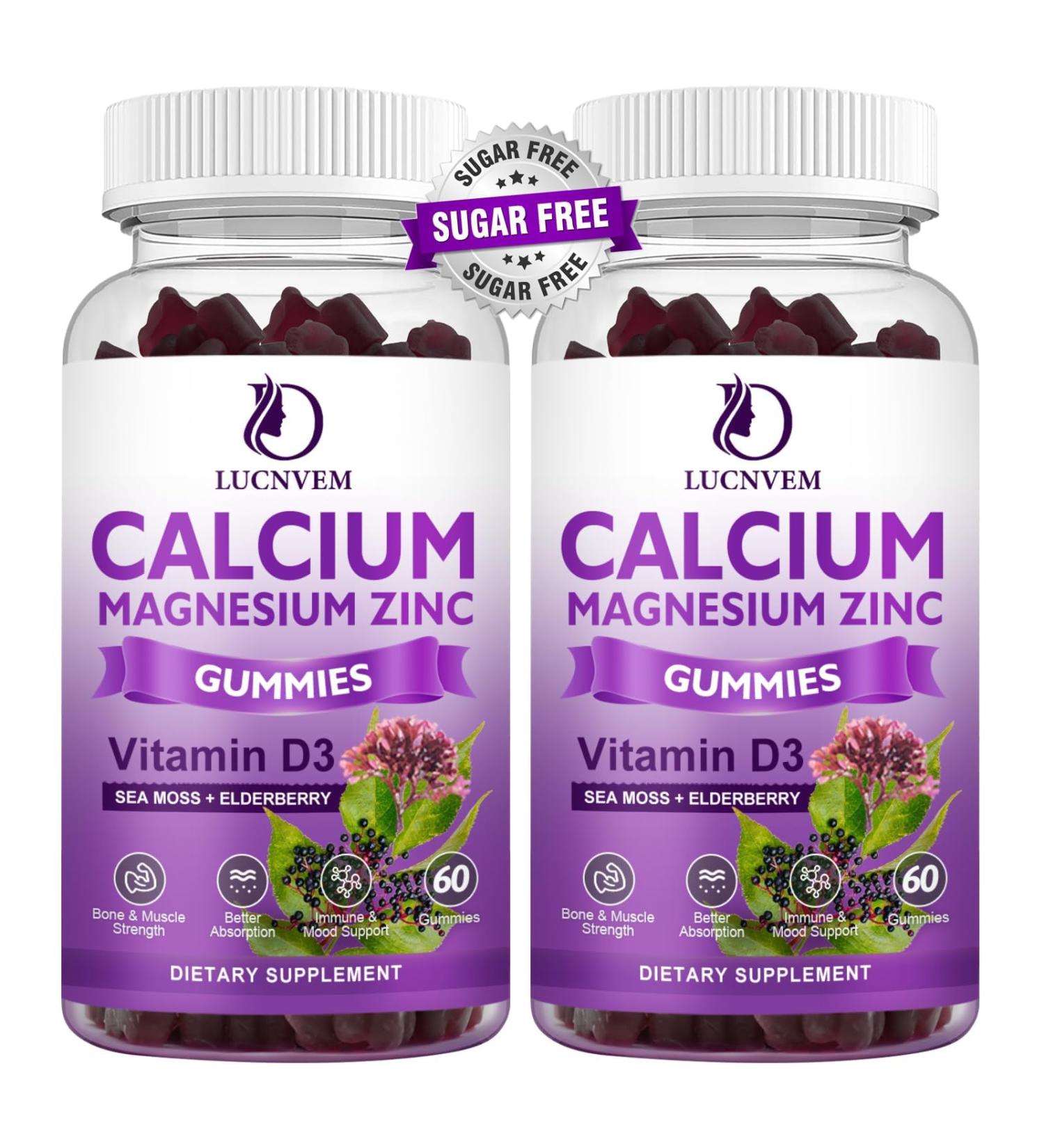 (2 Pack) Sugar Free Calcium Magnesium Zinc Gummies, Calcium Magnesium 2:1, Contains Magnesium Glycinate, Vitamin D3, Sea Moss, for Bones, Muscles, Calm Mood & Sleep Support, Vegan, 120 Gummies Sweet Elderberry 60 Count (Pac  - Buy Online on GoSupps.com