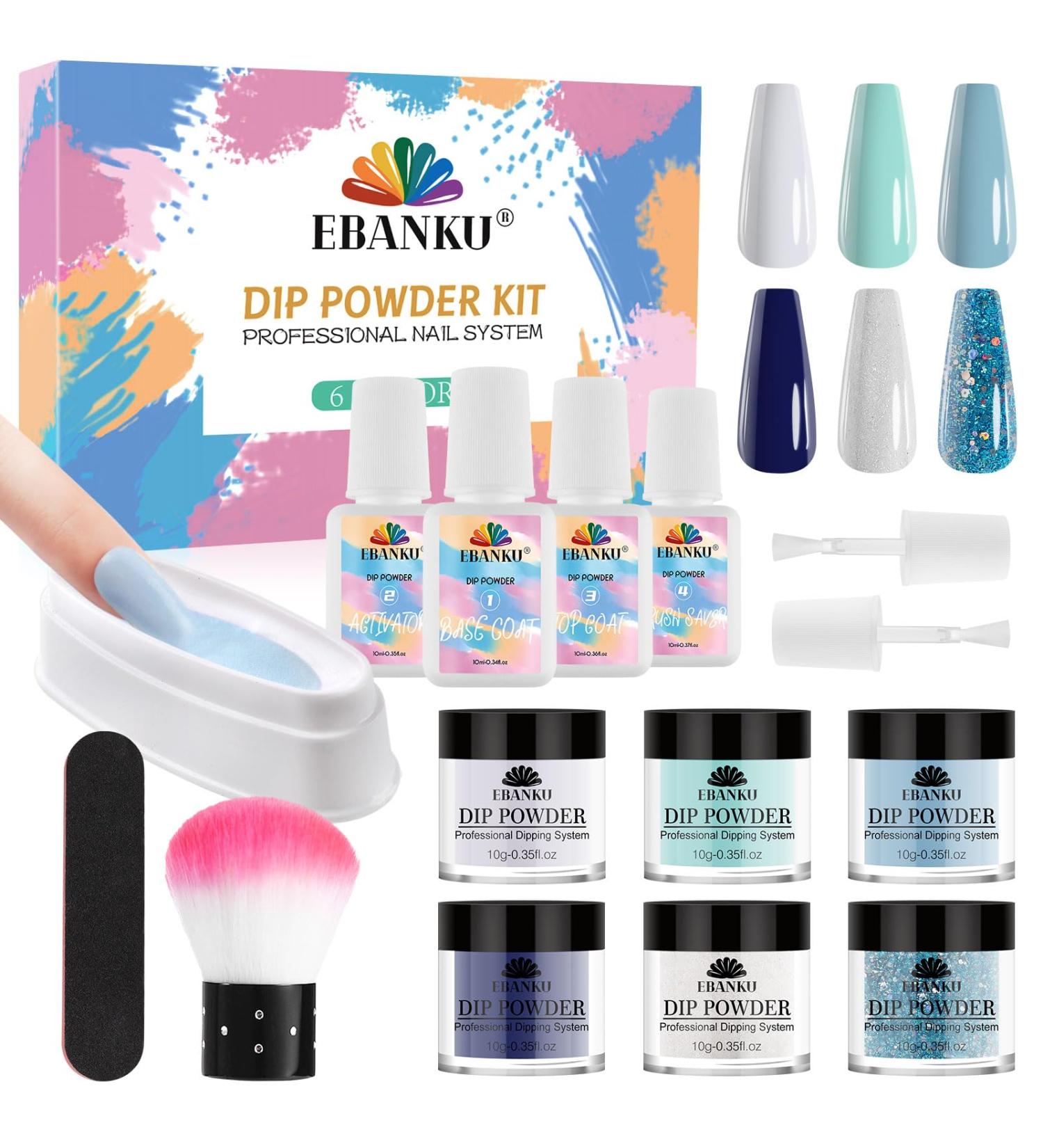 EBANKU 15PCS Blue Glitter Dip Powder Nail Starter Kit with Essential Tools for French Manicure DIY - Base/Top Coat, Activator, Brush Saver System - Buy Online on GoSupps.com