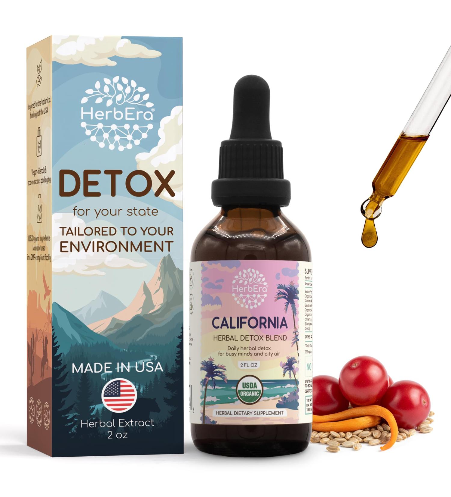 HerbEra California Herbal Detox Blend - USDA Organic Extract Made in USA | Immune & Liver Support Liquid Drops | Burdock Dandelion Root Eleuthero Milk Thistle Schisandra | 2 fl oz - Buy Online on GoSupps.com