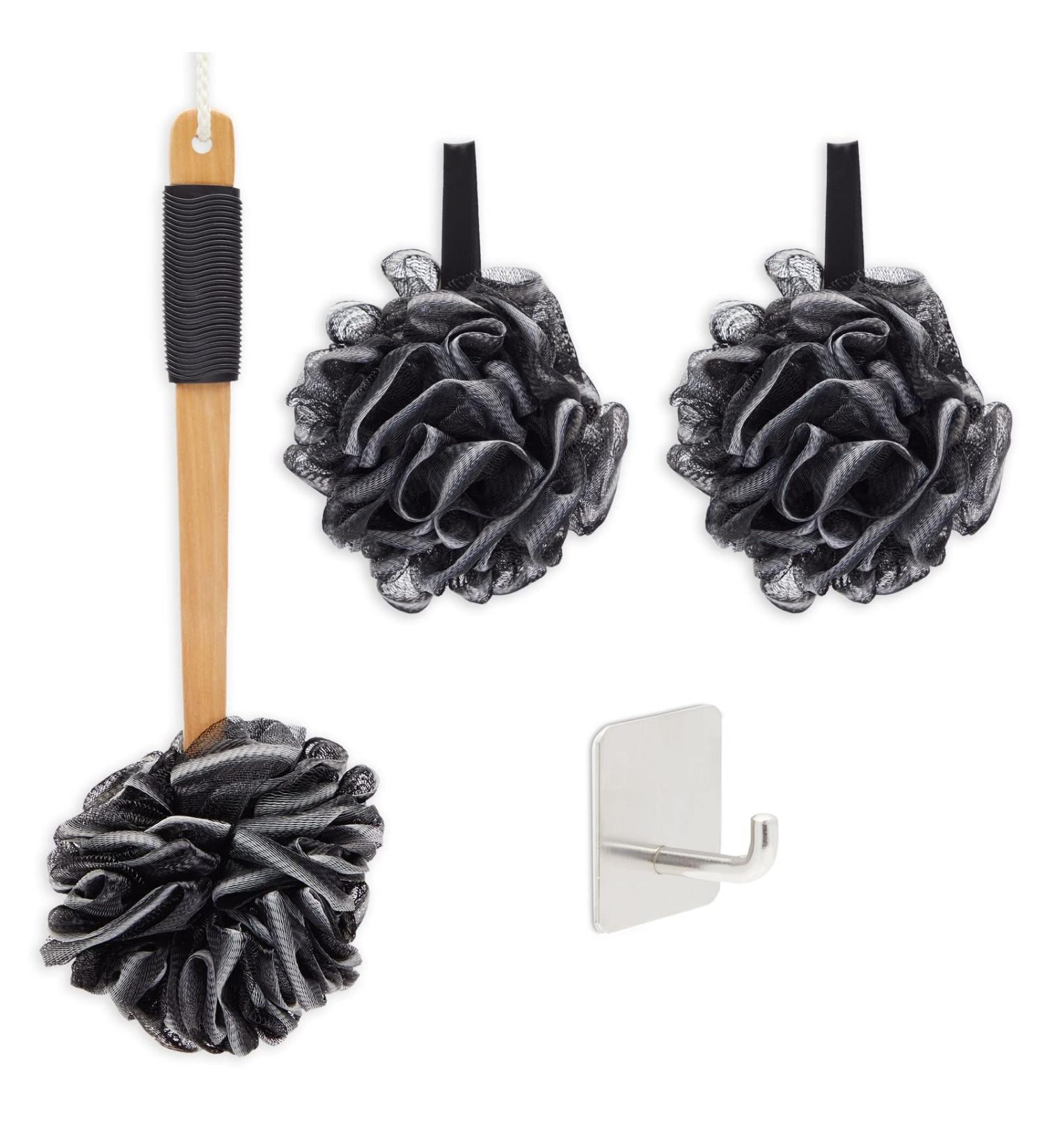 Loofah Bath Set with Loofah Stick, 2 Sponge Poufs & Shower Hook - Buy Online on GoSupps.com