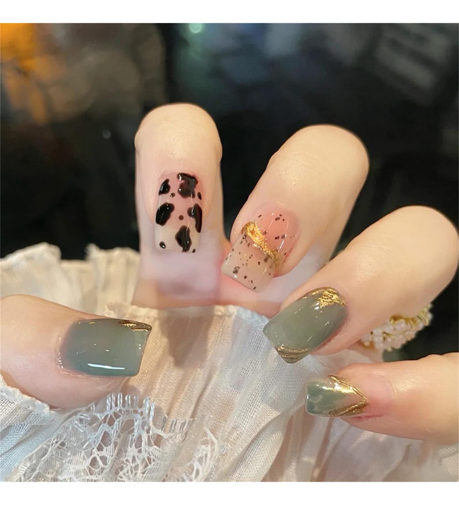 Square False Nails Short Detachable Glue Included Full Cover Green Gold Leopard Print French Press on Nails 24 Pieces Nail Art Tips for Nail Salons and Women DIY Nail Art - Buy Online on GoSupps.com