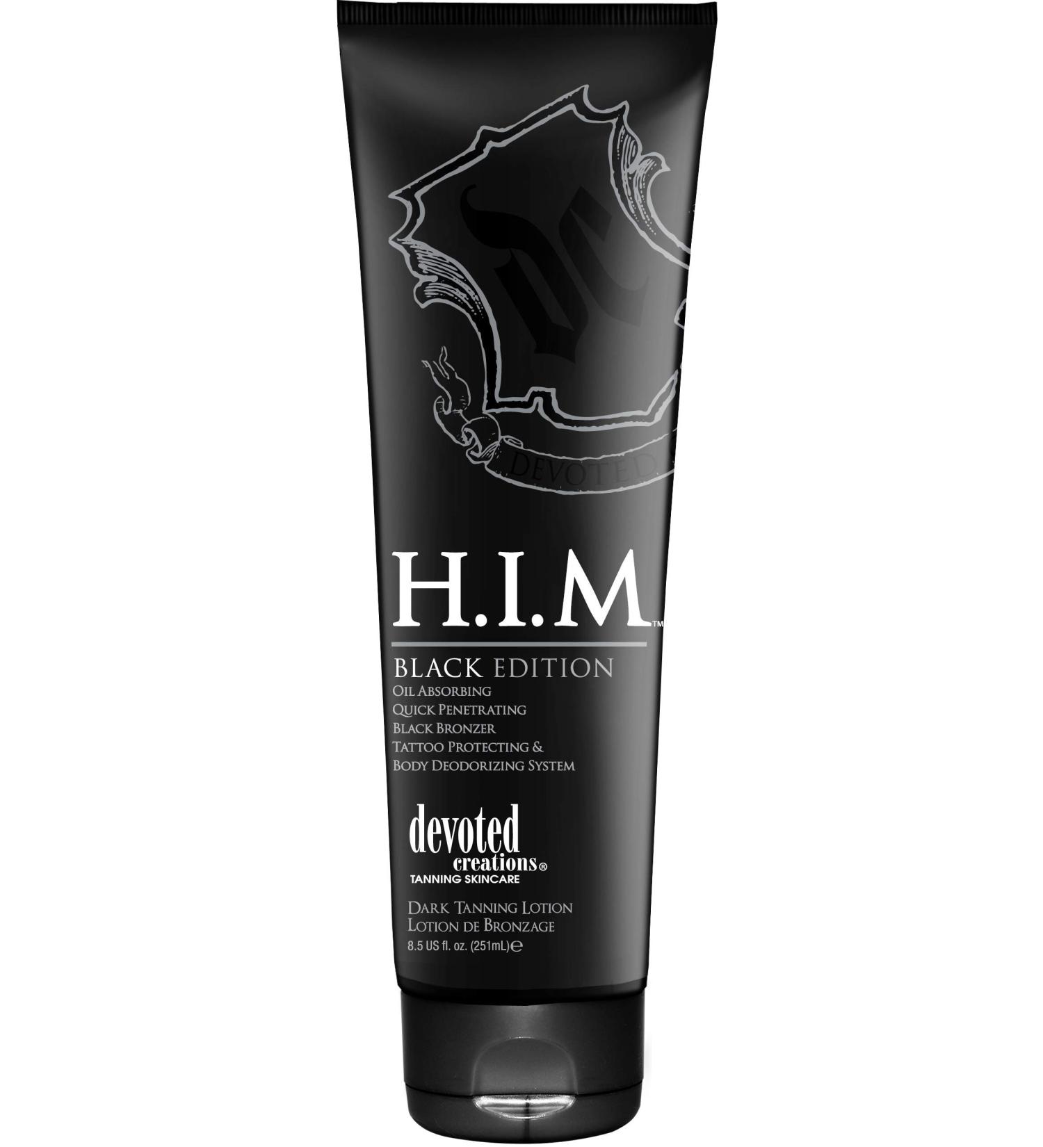 Devoted Creations H.I.M. Black Edition, Oil Absorbing Quick Penetrating Black Tan Lotion Bronzer, 8.5 oz.