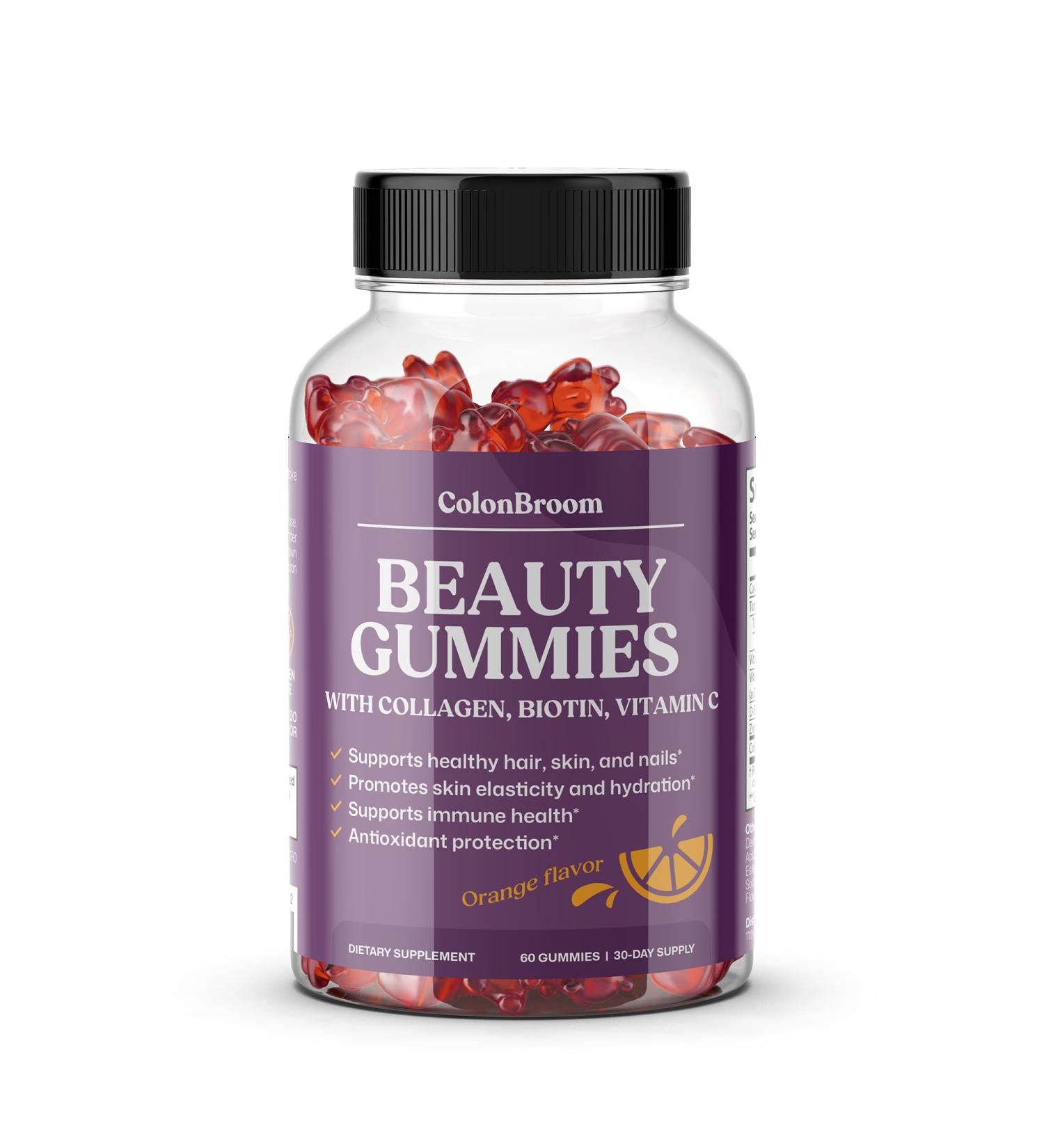 ColonBroom Beauty Biotin & Collagen Gummies with Vitamin C | Hair Skin and Nails Vitamins for Women & Men Beauty Supplement for Hair Health Collagen Peptides Gummies (Orange Flavor 30 Day Supply) - Buy Online on GoSupps.com