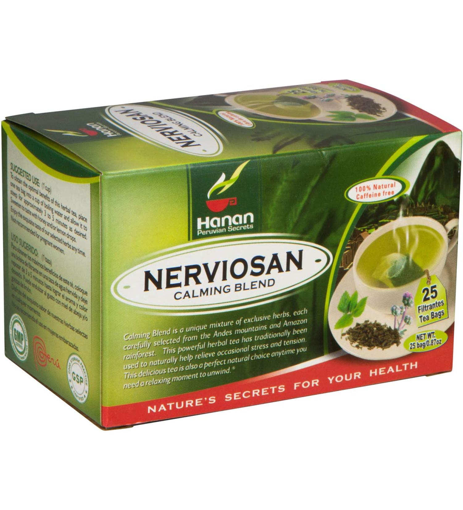 Nerviosan Calming Herbal Blend with Valerian Root, Lemon Balm, and Burnet - 25 Tea Bags, All Natural Valeriana, Toronjil, and Pimpinela Herbs from Peru - Buy Online on GoSupps.com