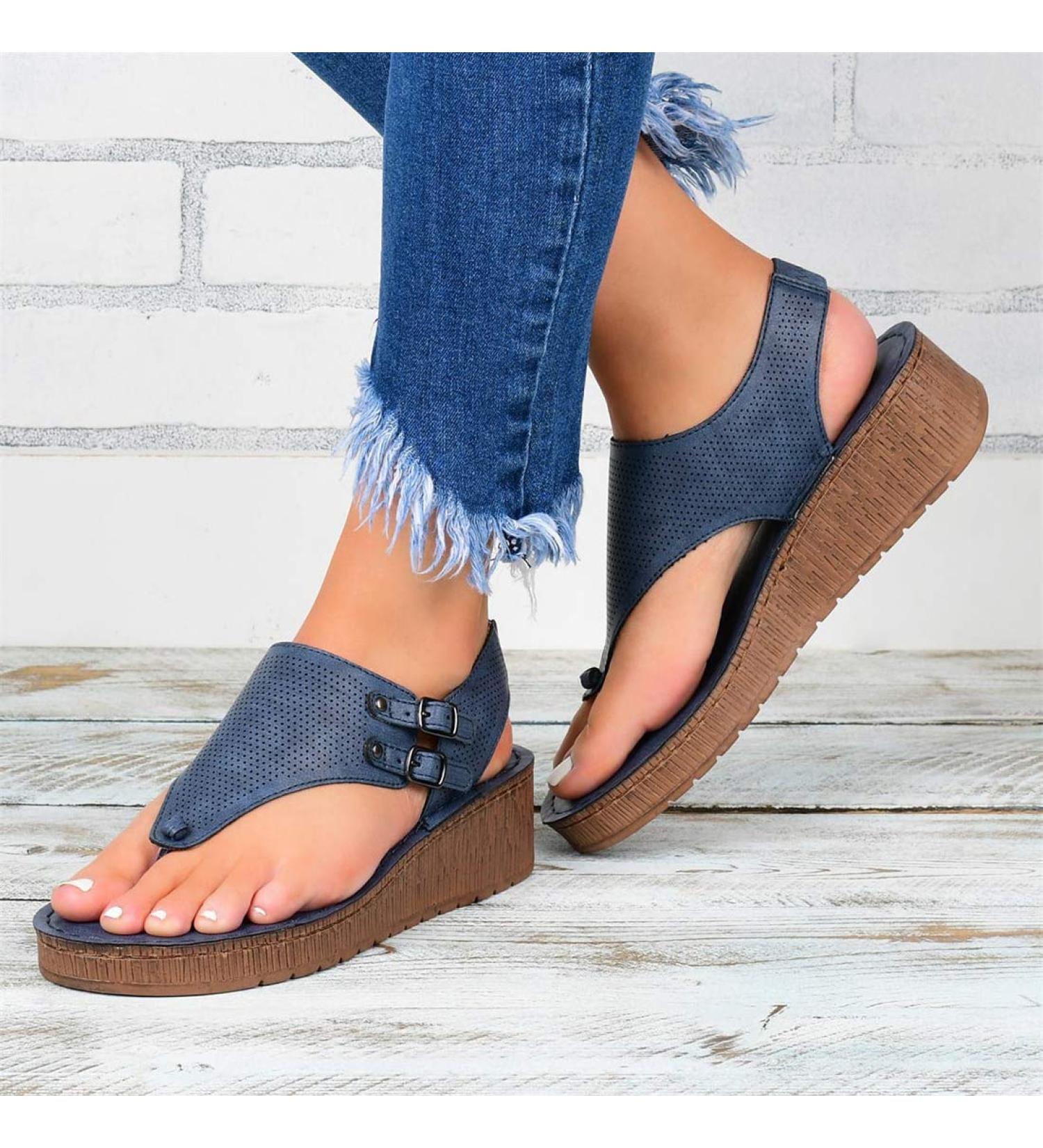 Buy Women s Summer Wedge Sandals - Comfortable Orthopedic T-Strap Open Toe Leather for Outdoor Sports & Beach Trips - Available in Blue & White (EU Sizes 39-41) - Buy Online on GoSupps.com