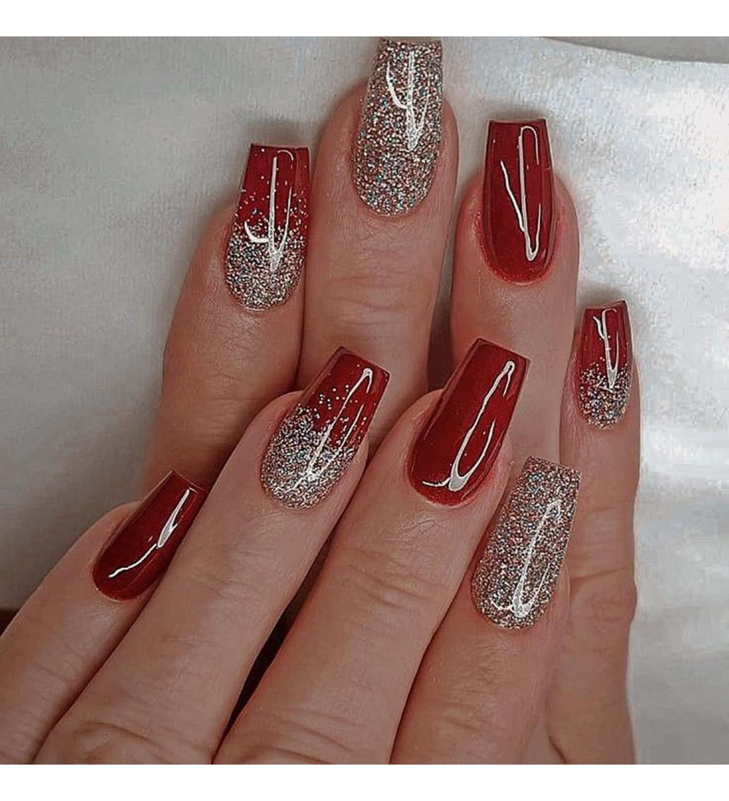 Summer Wine Red & Sparkle Gold Powder Press On Nails - 24Pcs Medium Coffin Square False Acrylic Nails for Women - Buy Online on GoSupps.com