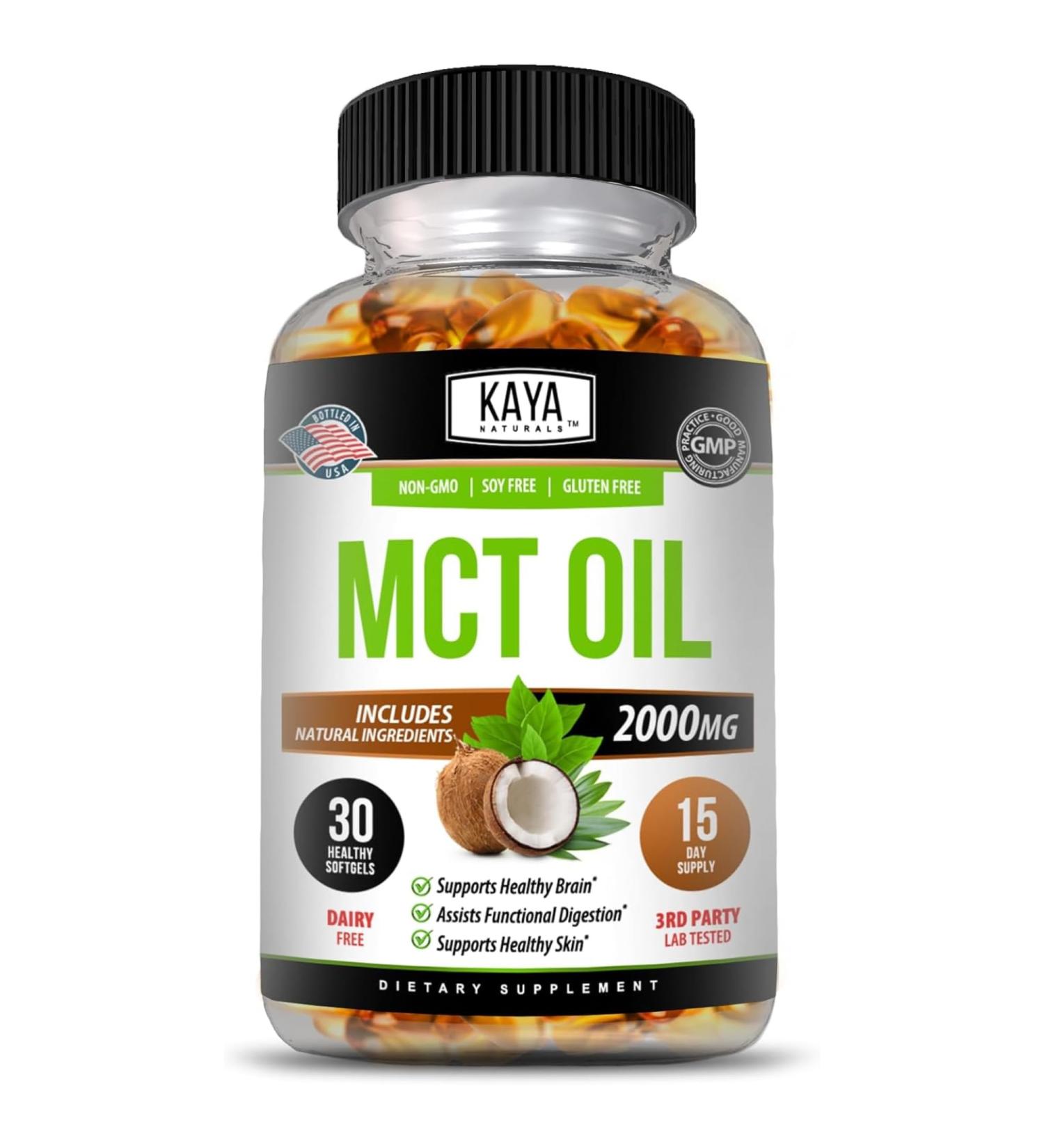 Kaya Naturals MCT Oil 2000mg - Non-GMO Soy-Free Gluten-Free - Brain Digestive & Skin Health - 30 Softgels 30 Count (Pack of 1) - Buy Online on GoSupps.com