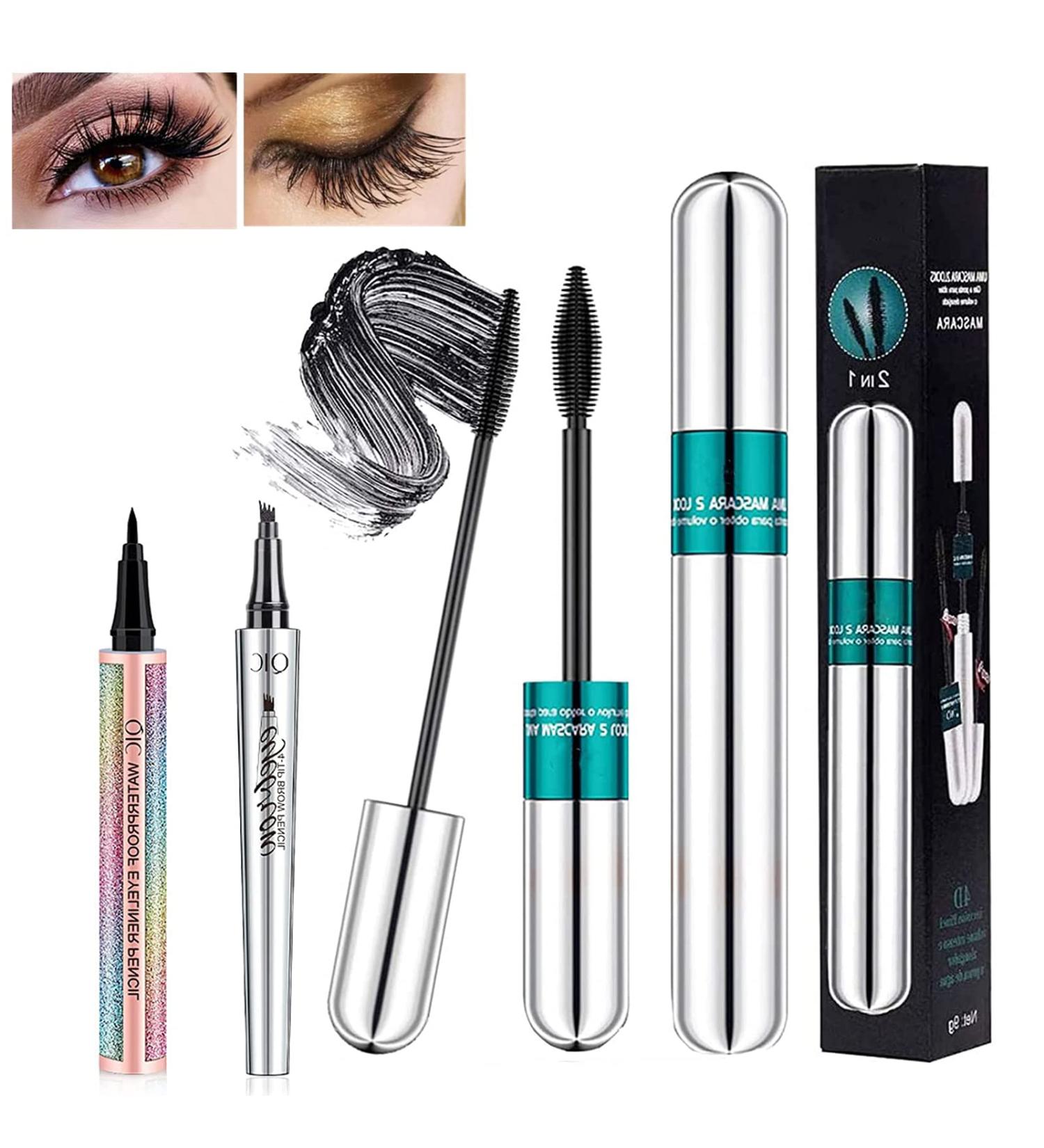 3 PCS Silk Fiber Mascara for Longer and Voluminous Eyelashes - Waterproof, Smudge-Proof All Day - Includes Eyeliner and Eyebrow Pencil - 3 Pack - Buy Online on GoSupps.com