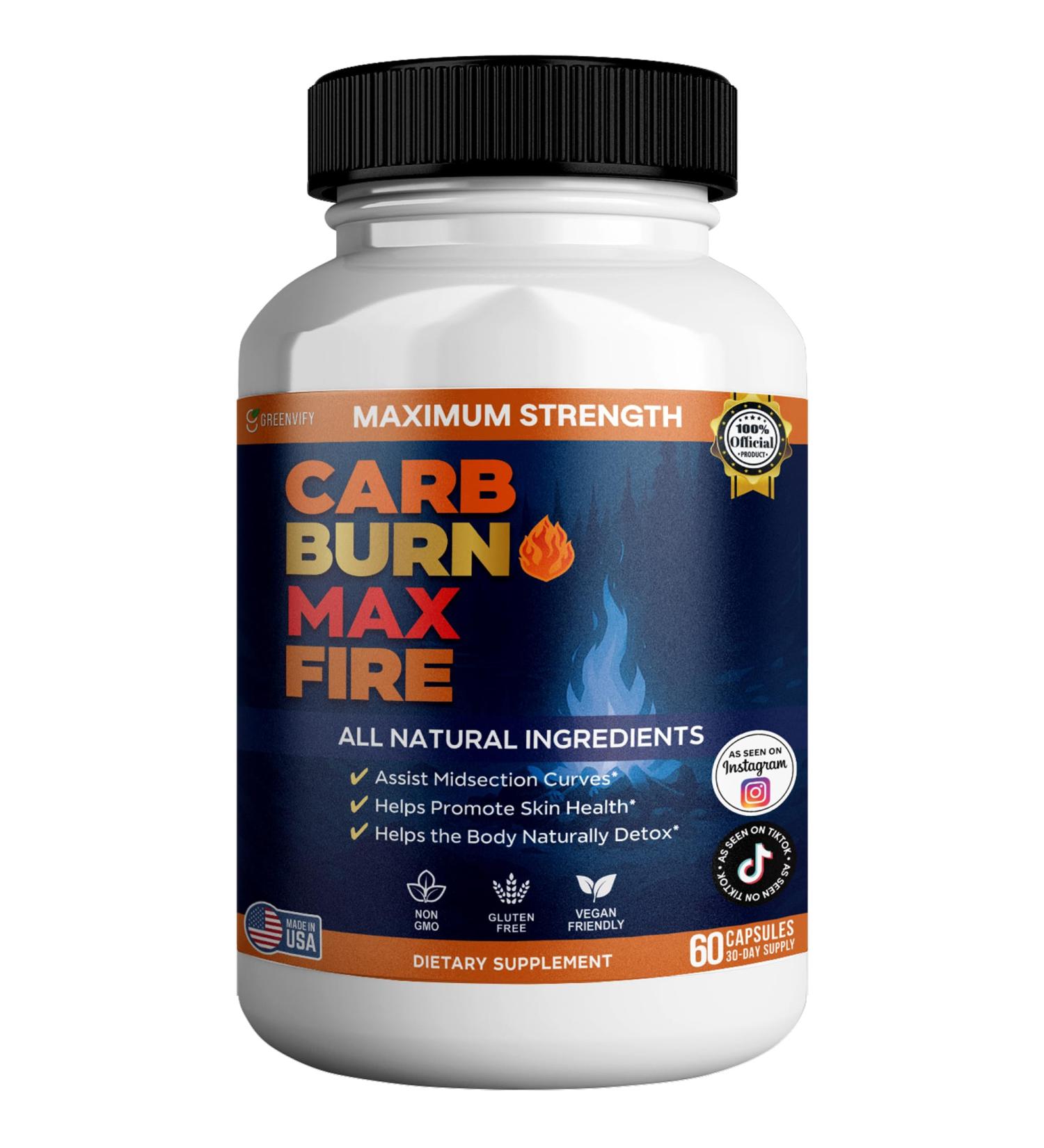 GREENVIFY Carb Burn Max Fire Maximum Strength Natural Supplement 60 Capsules 30 Day Supply Vegan Gluten Free (1) - Buy Online on GoSupps.com
