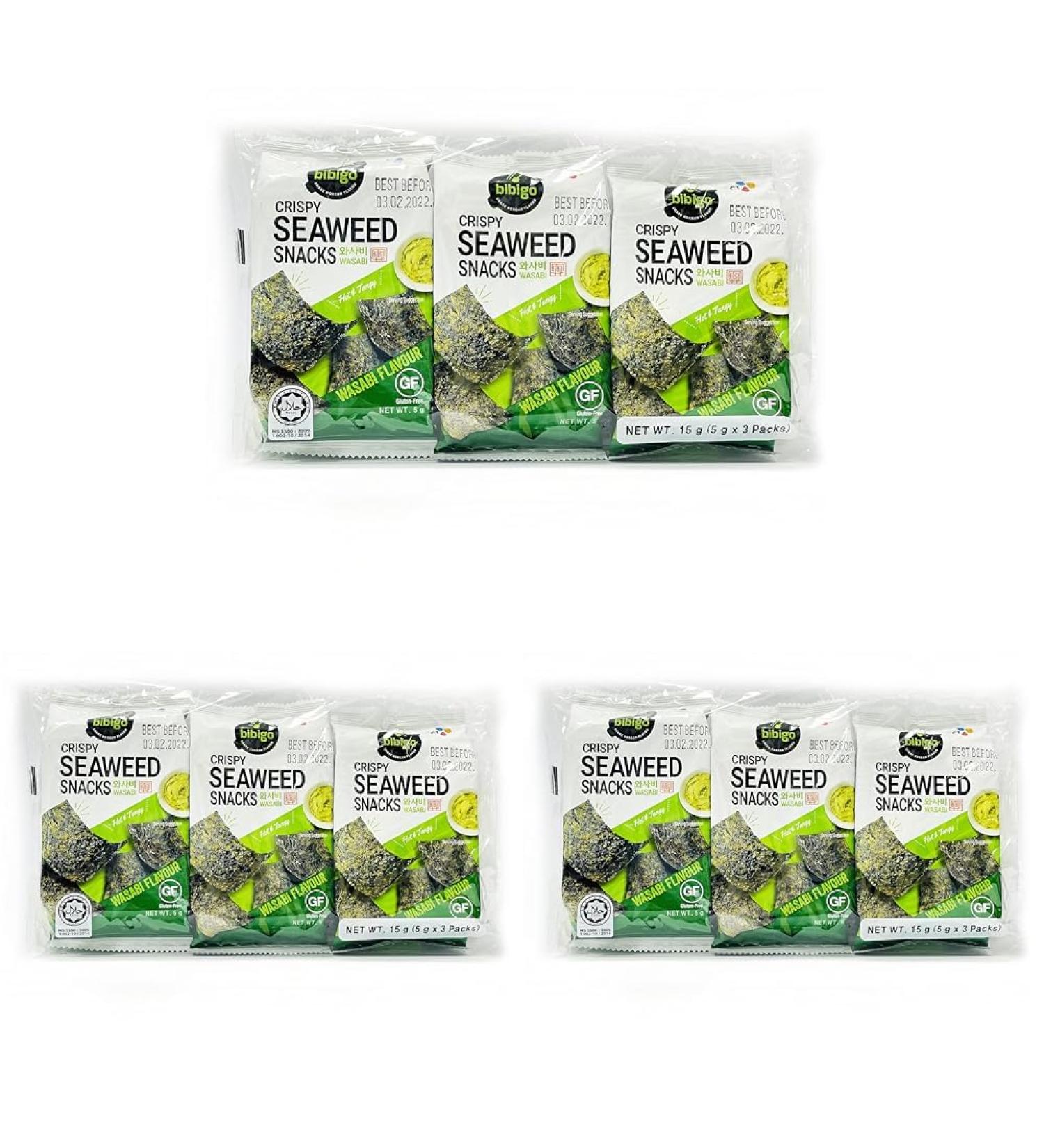 BIBIGO Seaweed Snack with Wasabi - 15g x 3 Pack | Healthy Korean Snack | Gluten-Free Vegan - Buy Online on GoSupps.com