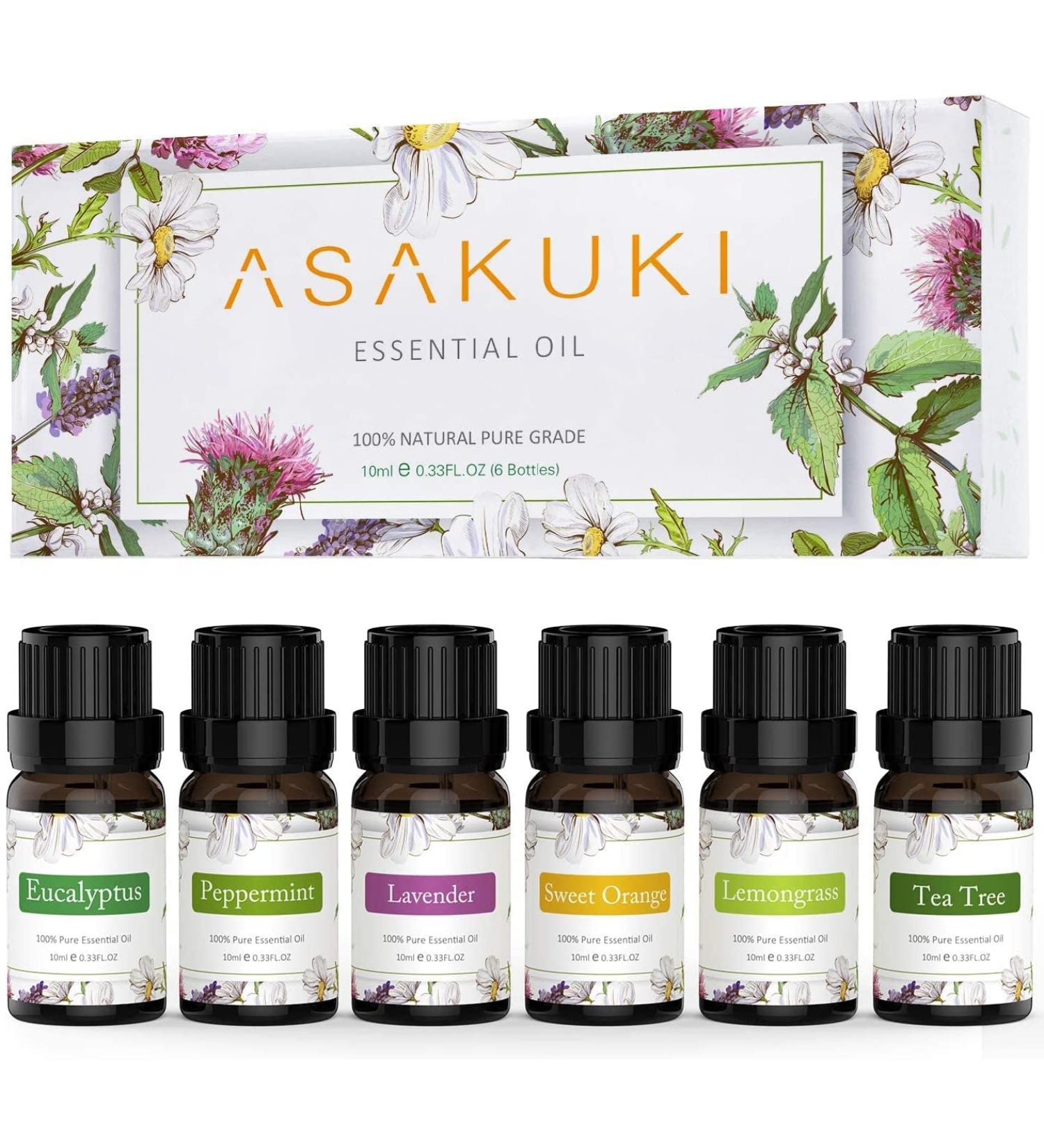 ASAKUKI Top 6 Essential Oils Set - 100% Natural Aromatherapy Oils for Diffusers, Humidifiers, Massage, Hair Care - Tea Tree, Lavender, Peppermint, Eucalyptus, Lemongrass, Sweet Orange 10ml - 6 Count Pack - Buy Online on GoSupps.com