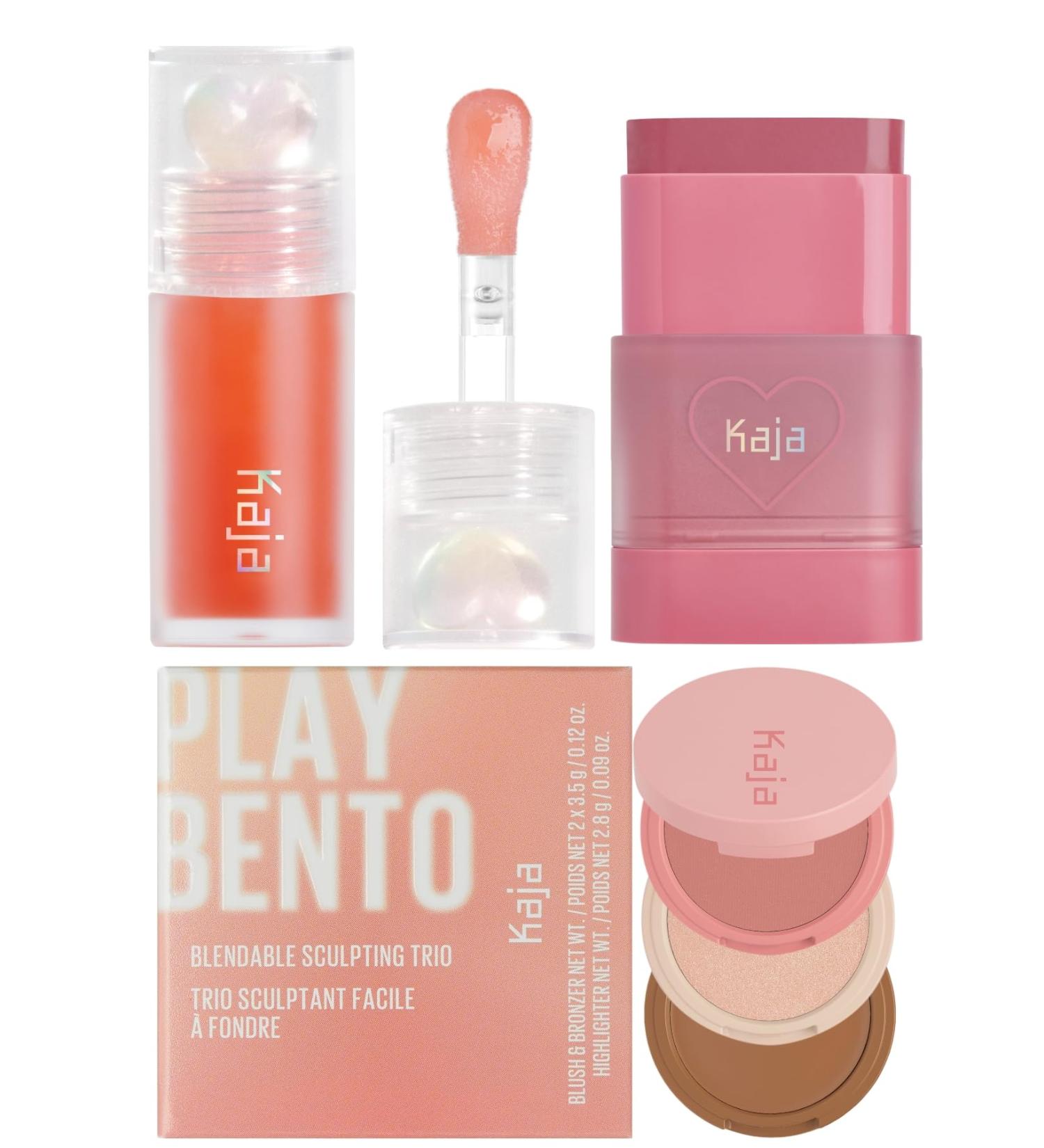 Kaja Juicy Glass Lip Plumping Oil 03 Apricot Allure + Dewy Bar - Creamy Multi-Stick Blusher & Lip Balm 04 Fig Smoothie Sorbet 10g + 3-in-1 Blendable Sculpting Trio - Play Bento 01 Butter Up Bundle - Buy Online on GoSupps.com