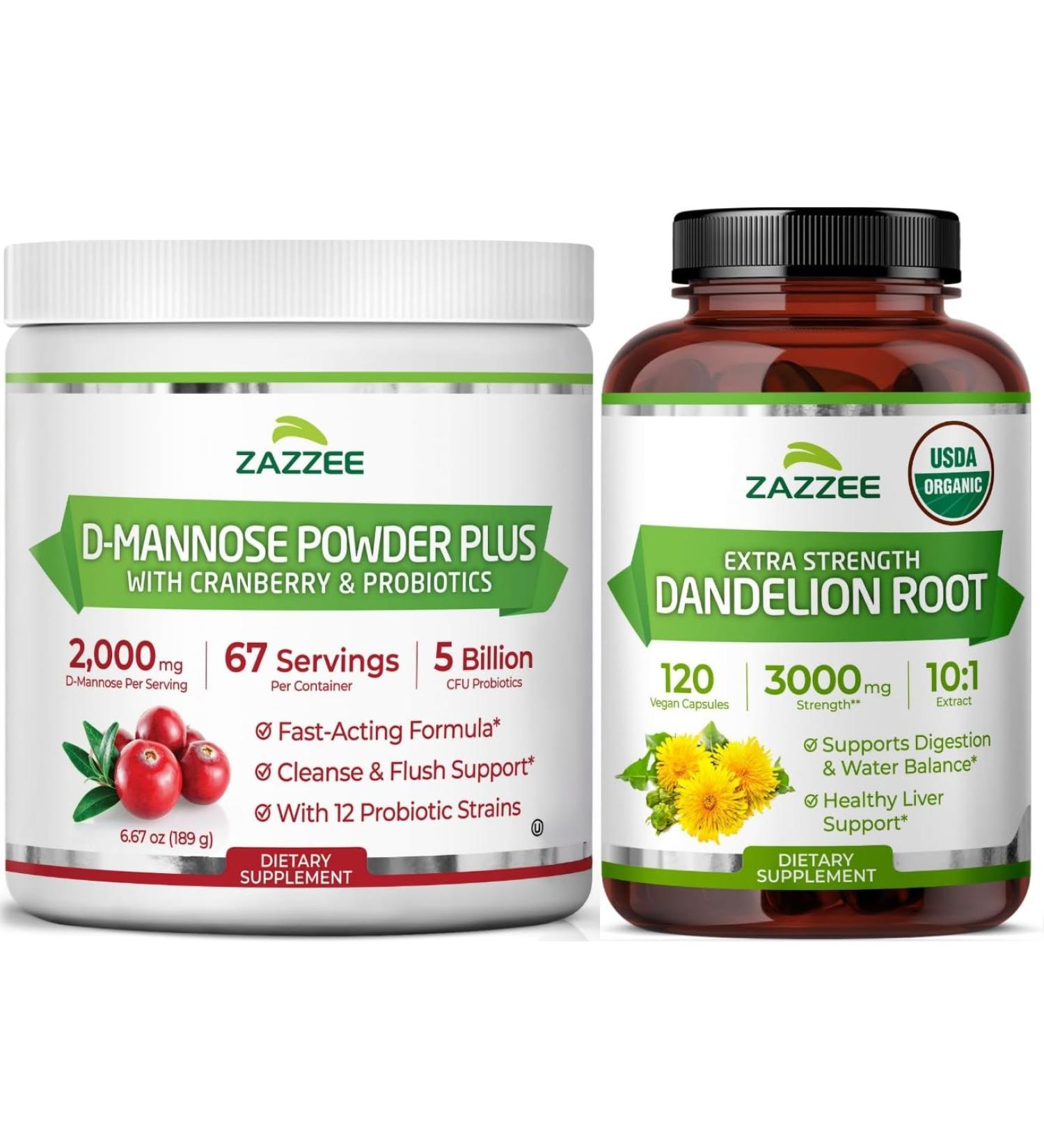 Zazzee Urinary Tract Cleanse & Detox Bundle | USDA Organic Dandelion Root Extract Capsules Plus D Mannose with Cranberry Probiotics for Women | Non-GMO Vegan & ISO Lab Tested - Buy Online on GoSupps.com