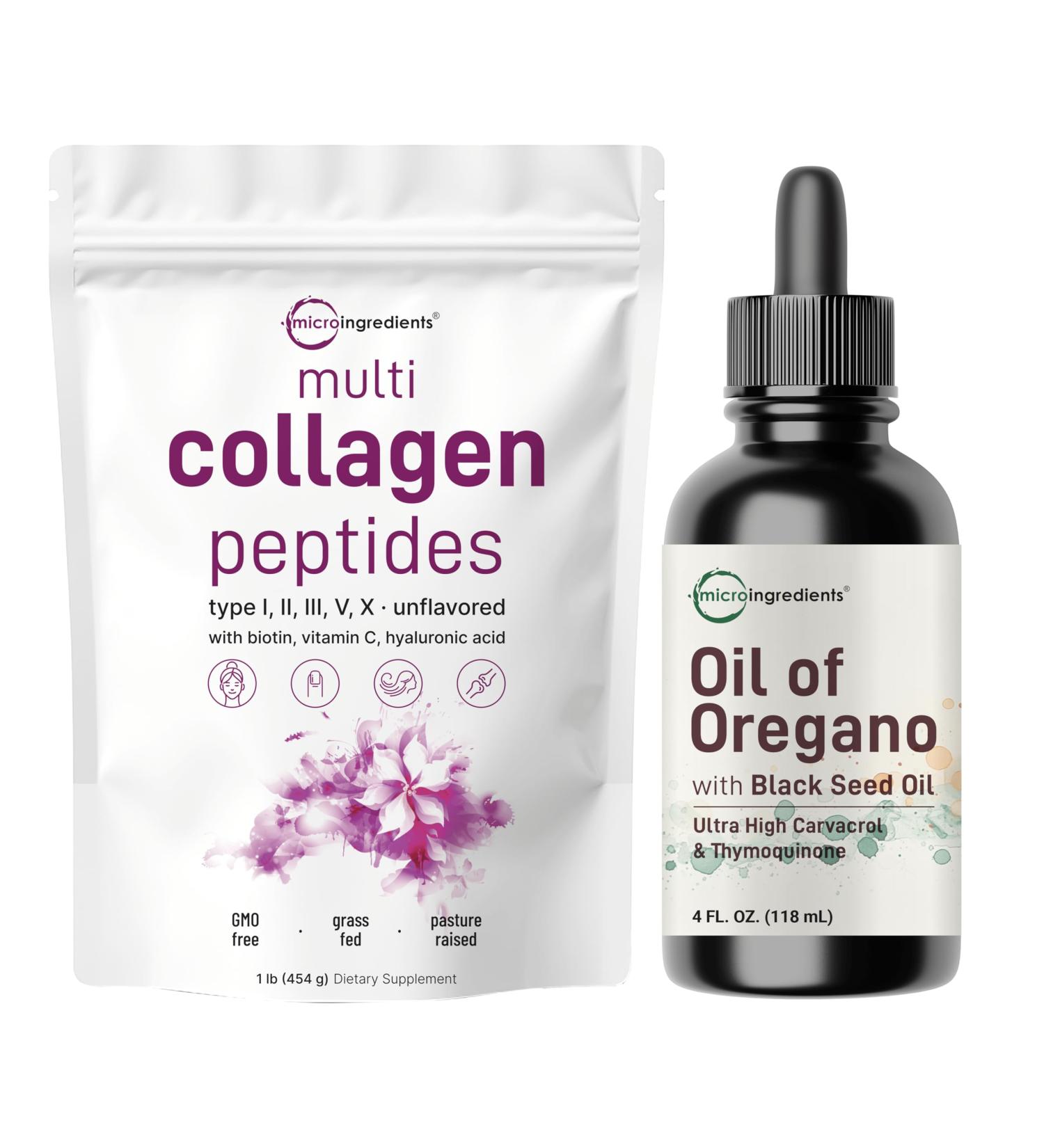 Micro Ingredients 8-in-1 Multi Collagen Powder & Oil of Oregano with Black Seed Oil Drops | Bundle | Hydrolyzed Peptides + Biotin Hyaluronic Acid & Vitamin C | Ultra High Thymoquinone + Carvacrol - Buy Online on GoSupps.com