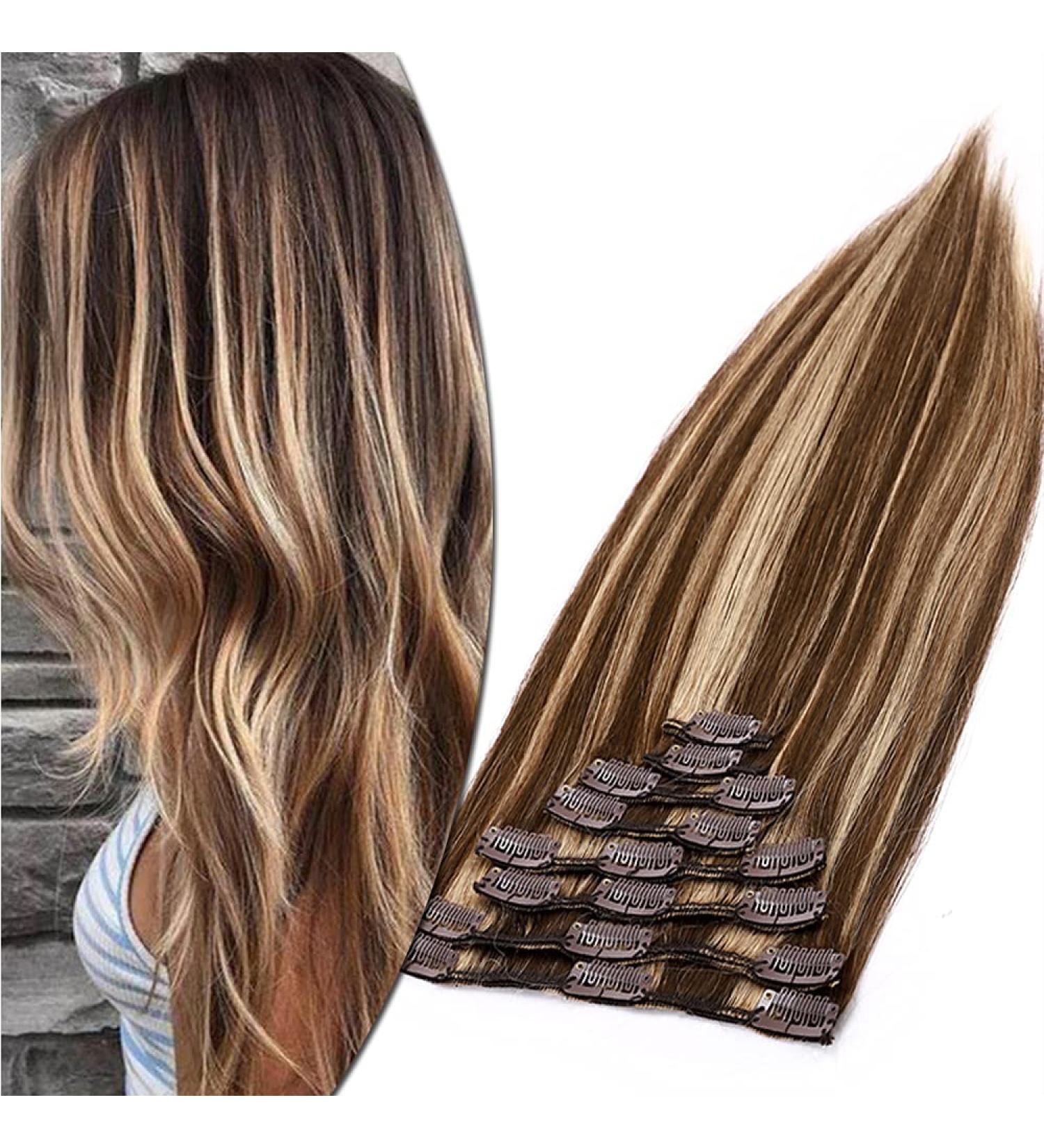 SEGO Clip-In Extensions - Real Human Hair Heat-Resistant 25 cm #4P27-1 Medium Brown/Honeyblond 100% Natural 75 g - Buy Online on GoSupps.com
