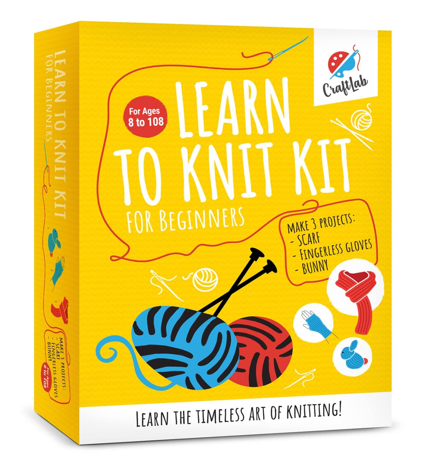 CraftLab Knitting Kit for Beginners - All Supplies Included for Kids and Adults - Wool Yarn, Wooden Needles, Yarn Needle, Instructions - Perfect Gift - Buy Online on GoSupps.com