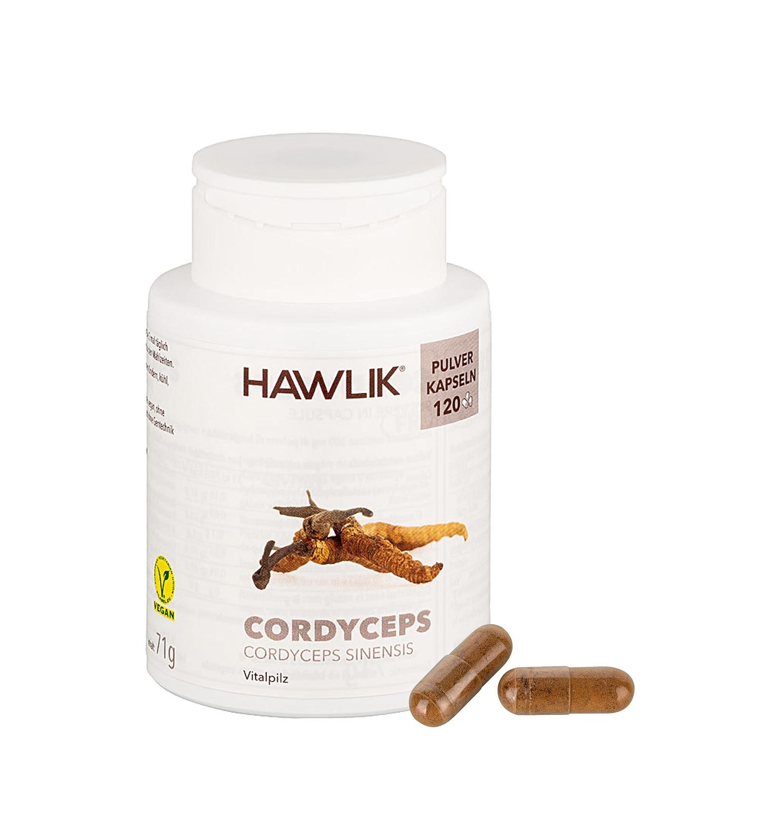 HAWLIK Cordyceps Powder Capsules - 120 Vegan Capsules - 500 mg Medicinal Mushroom Supplement - Sugar Cane Tin - International Shipping - Buy Online on GoSupps.com
