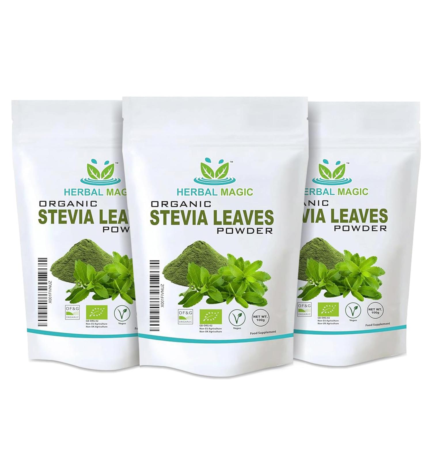 Herbal Magic's organic Stevia Leaf Powder Sweetener Natural Dried Powder for Super Smoothie Shake Juice Baking - Free From Fillers & preservatives - 100g (Pack of 3) 100 g (Pack of 3) - Buy Online on GoSupps.com