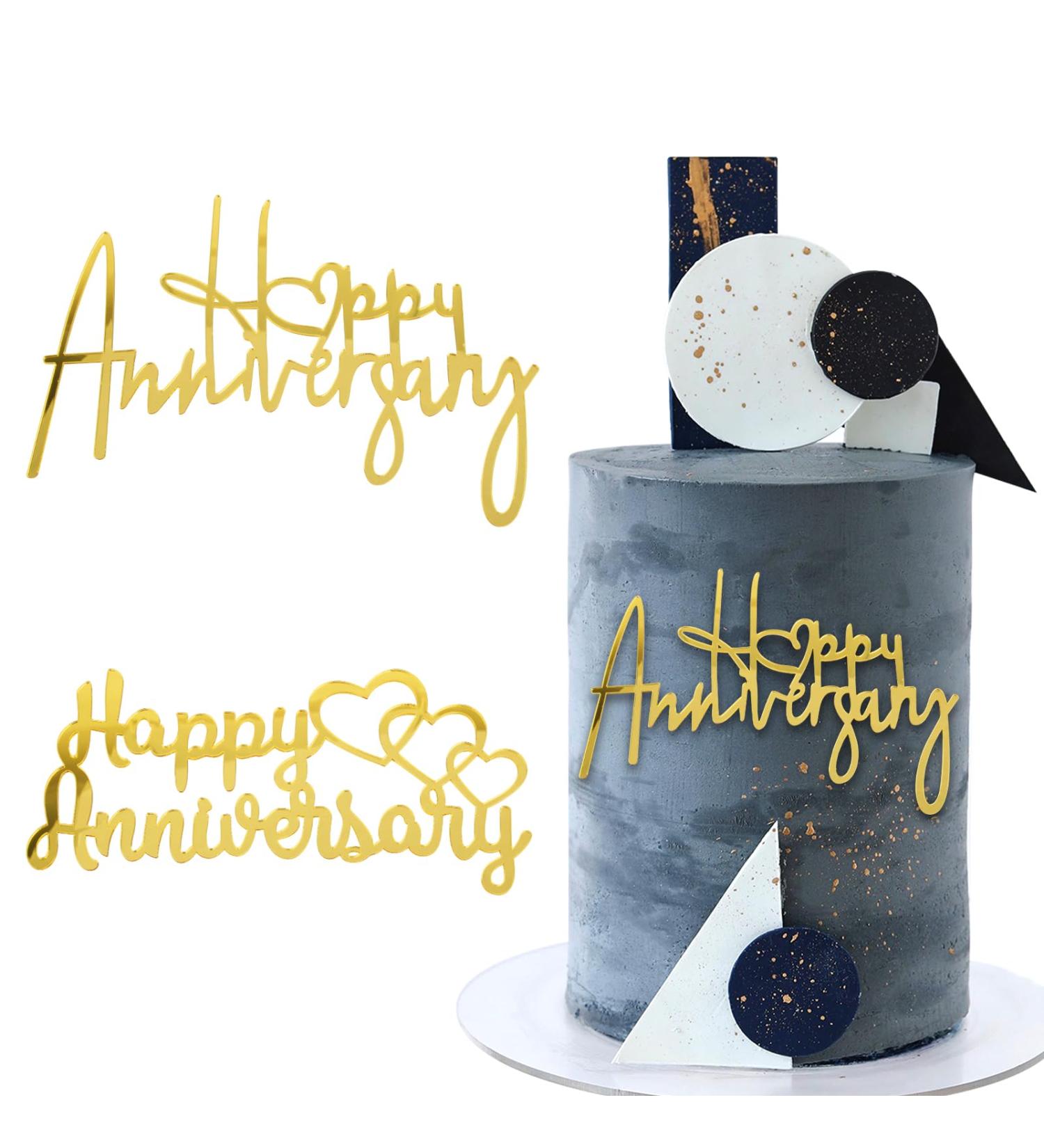 2pcs Happy Anniversary Cake Topper Glitter Gold Acrylic Cake Decorations Heart Supplies for Wedding Anniversary Cake - Buy Online on GoSupps.com