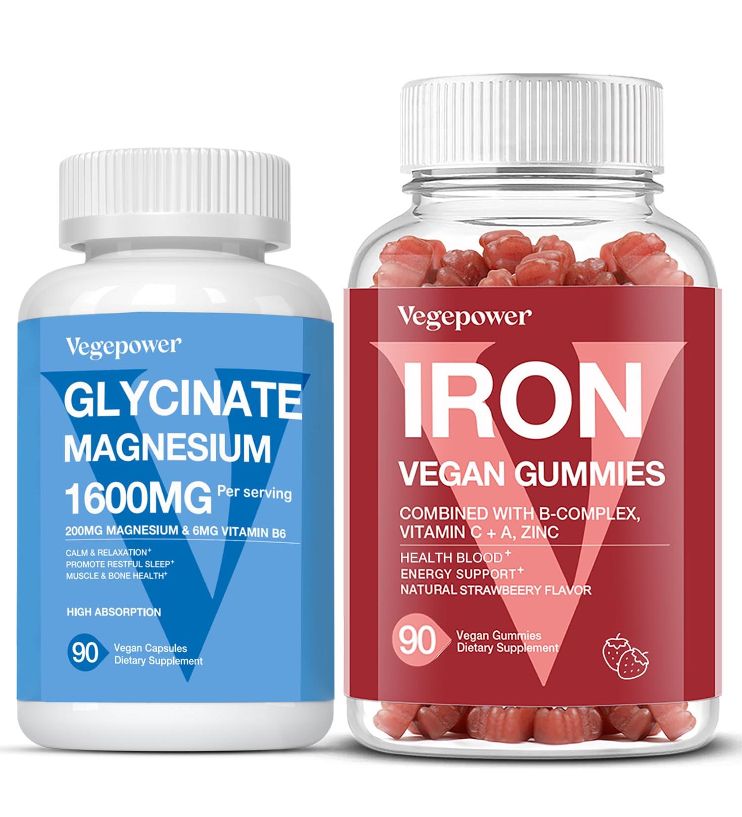 VEGEPOWER Iron Supplement Gummies + Magnesium Glycinate 1600 MG with Vitamin B6 180 Count - Buy Online on GoSupps.com