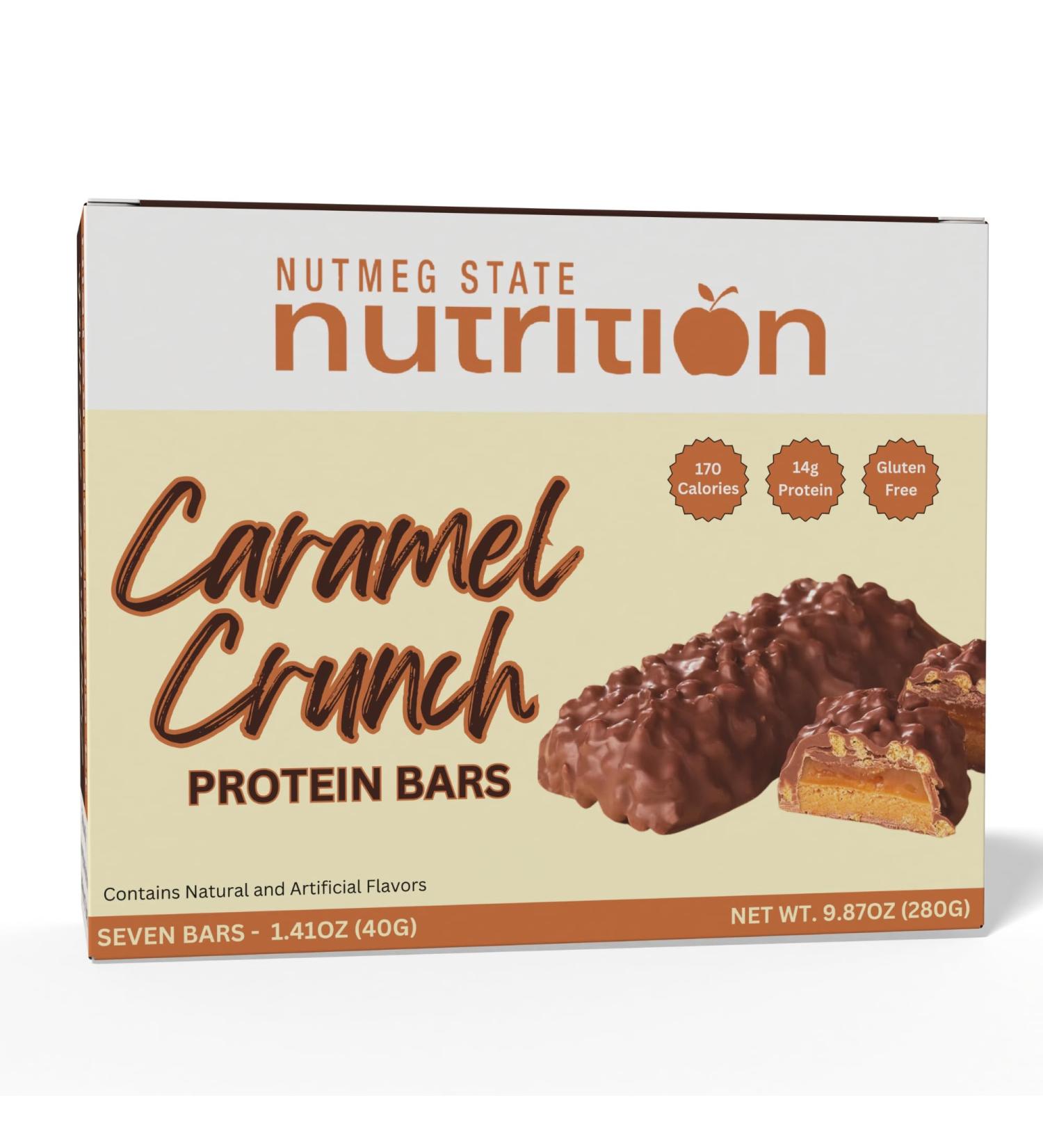 Nutmeg State Nutrition - High Protein Bars, Gluten Free, Low Cholesterol, Low Sodium, Low Sugar, Ideal Protein Compatible, 7 Servings Per Box (Caramel Crunch) - Buy Online on GoSupps.com