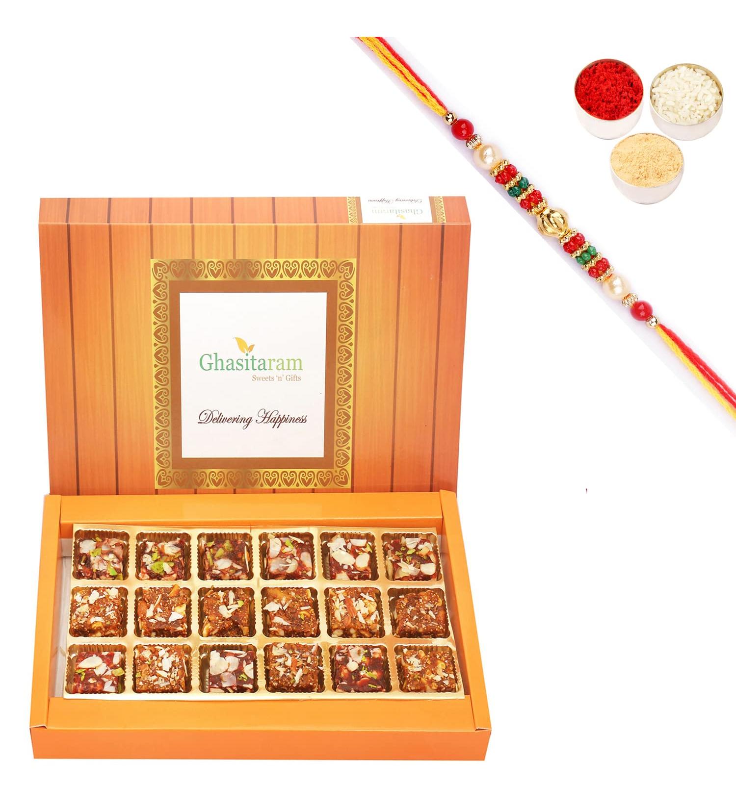 Ghasitaram Gifts Rakhi Gifts for Brothers Rakhi Gifts Sugarfree Sweets - Ghasitarams Natural Sugarfree Mix 400 GMS with Beads Rakhi - Buy Online on GoSupps.com