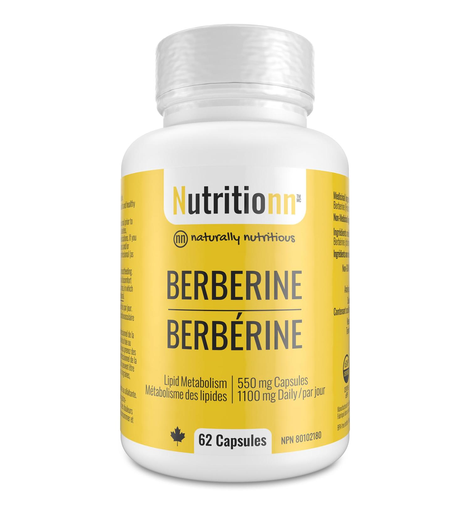 Berberine Supplement - Premium 550 mg Capsules 1100 mg Daily - Lipid Metabolism Heart and Cardiovascular Health for Men and Women - Non-GMO Third-Party Tested Made in Canada - Nutritionn - Buy Online on GoSupps.com