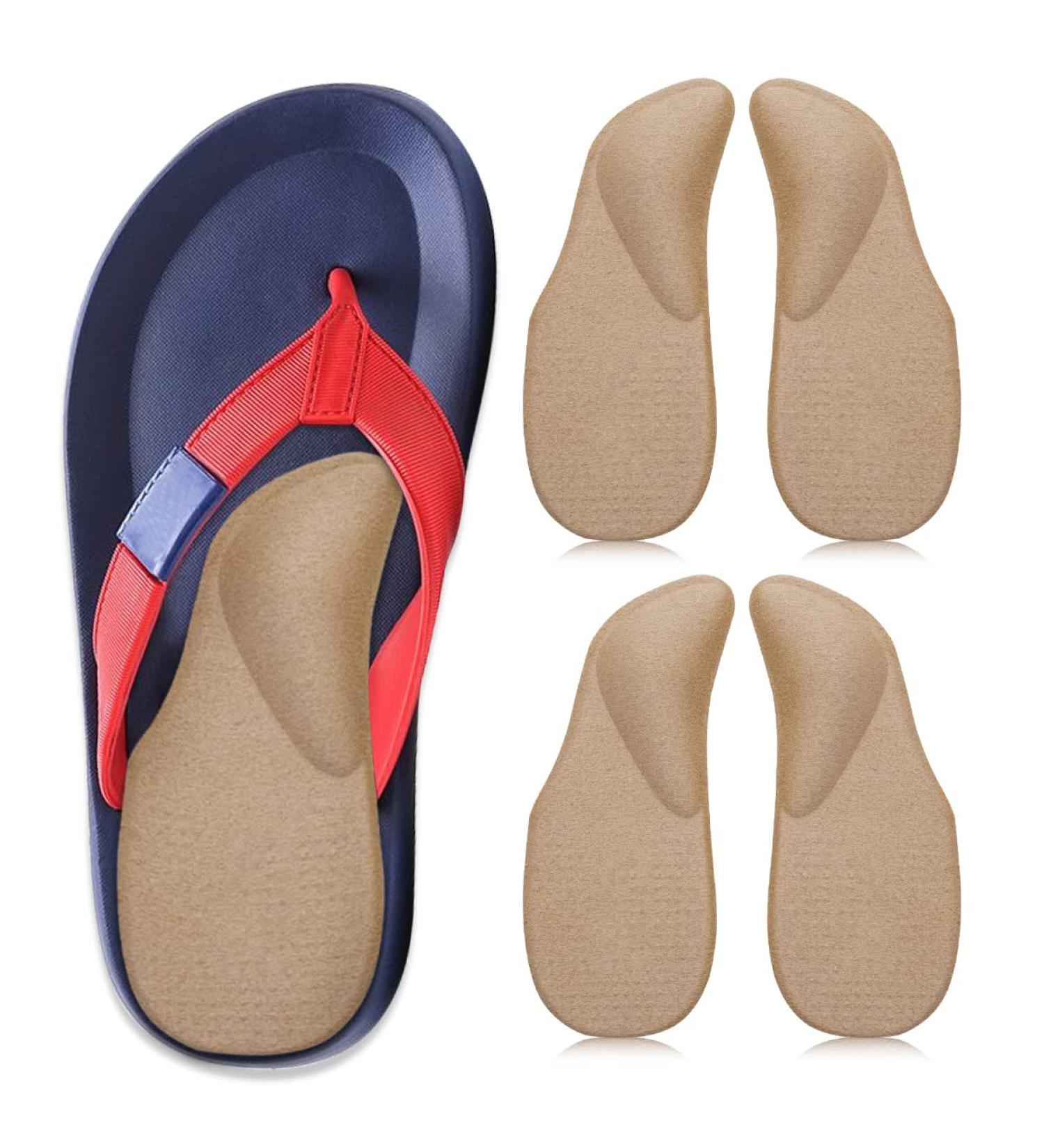 Large 2 Pairs Latte Gel Arch Support Insoles with Heel Cushions for Pressure Relief - Adhesive Pads for Sandals, Flip Flops, Flats, and Dress Shoes - Buy Online on GoSupps.com