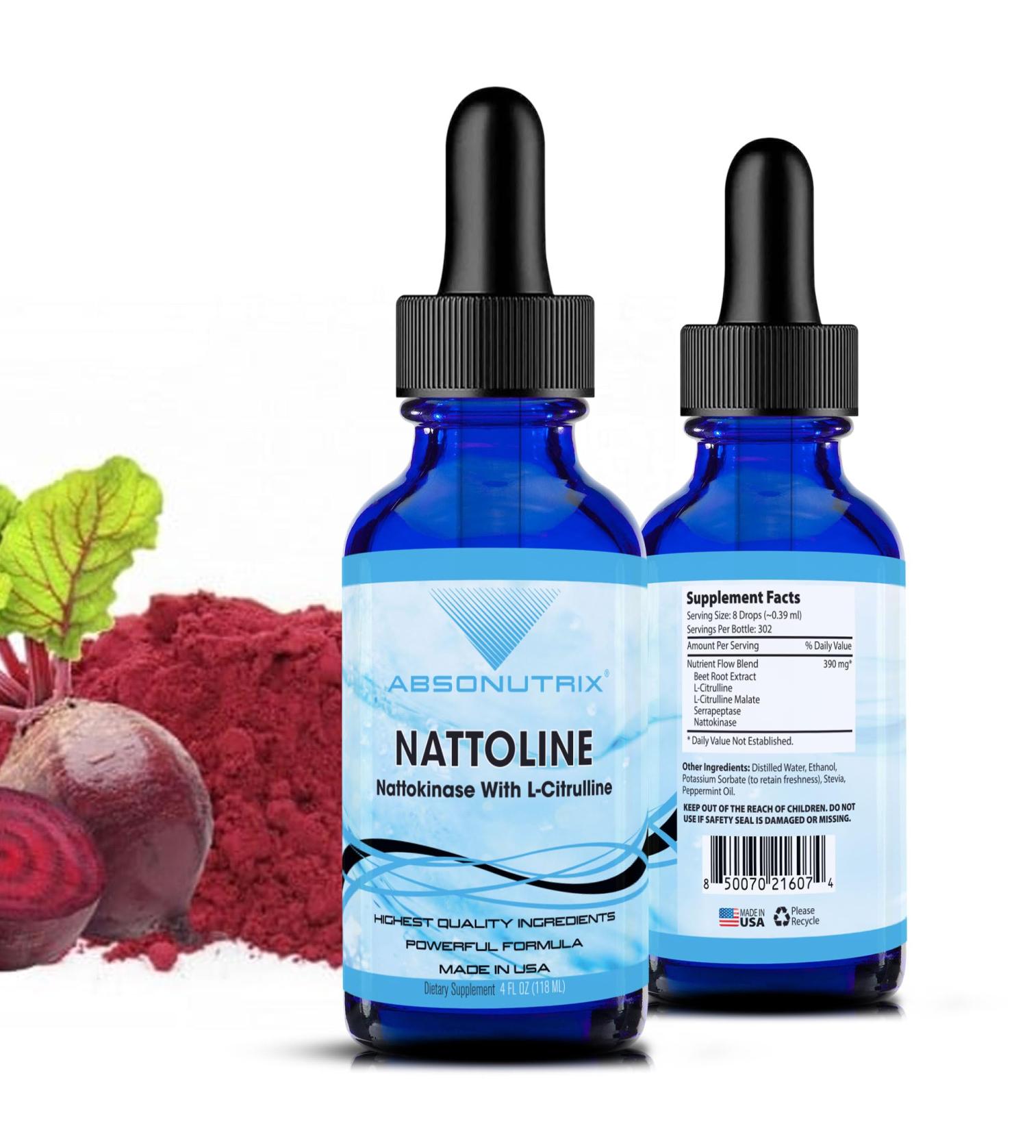 Absonutrix Nattoline 390 mg 4 FL OZ Liquid 302 Servings Made in USA Plant-Based Ingredients Beet Root Extract L-Citrulline Serrapeptase Gluten-Free Non-GMO GMP Certified - Buy Online on GoSupps.com