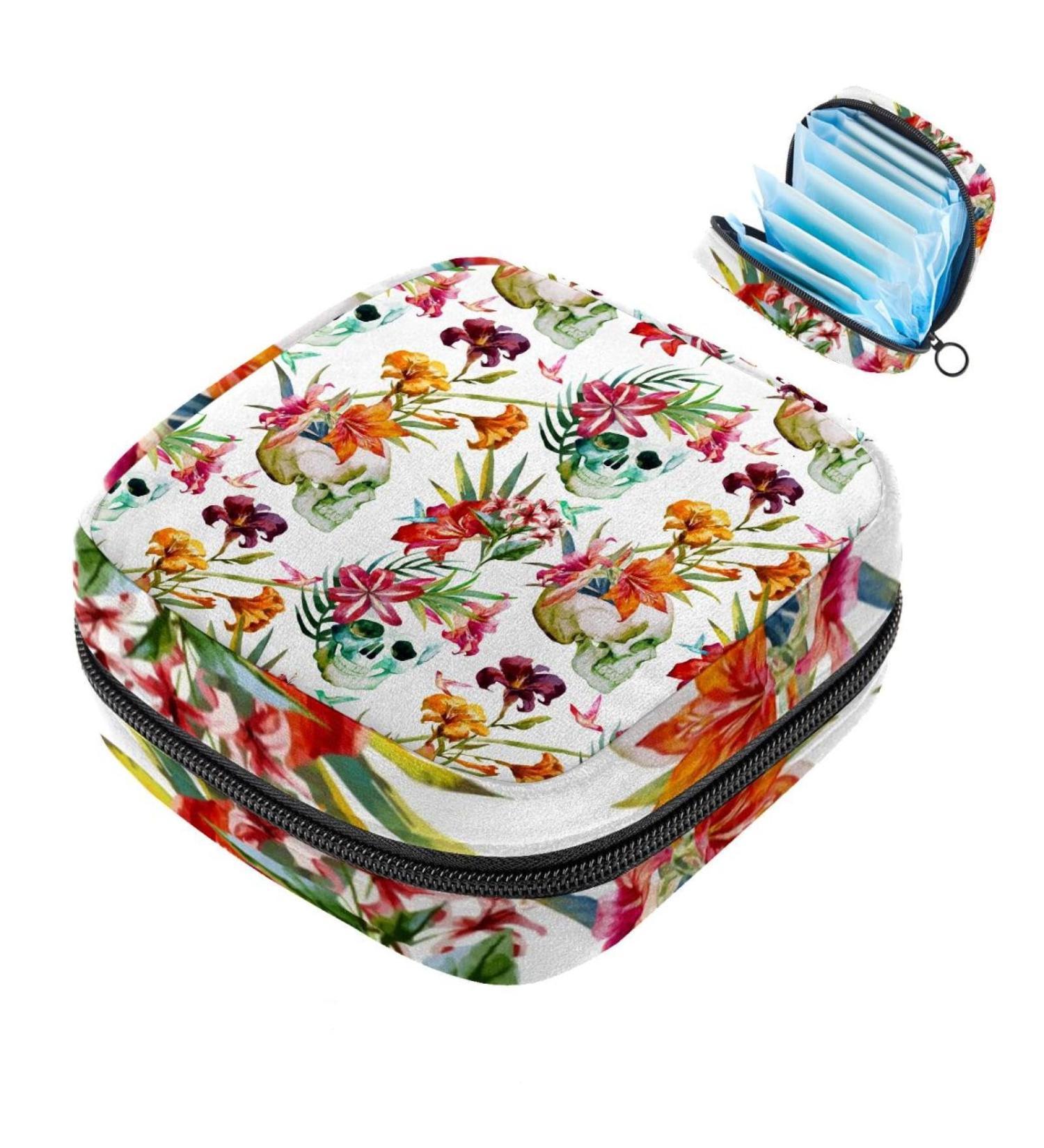 MUOOUM Skull Flower Pattern Sanitary Napkin Storage Bag | Menstrual Cup Pouch for Women | Portable Period Bag for Teen Girls | Multi-colored - Buy Online on GoSupps.com