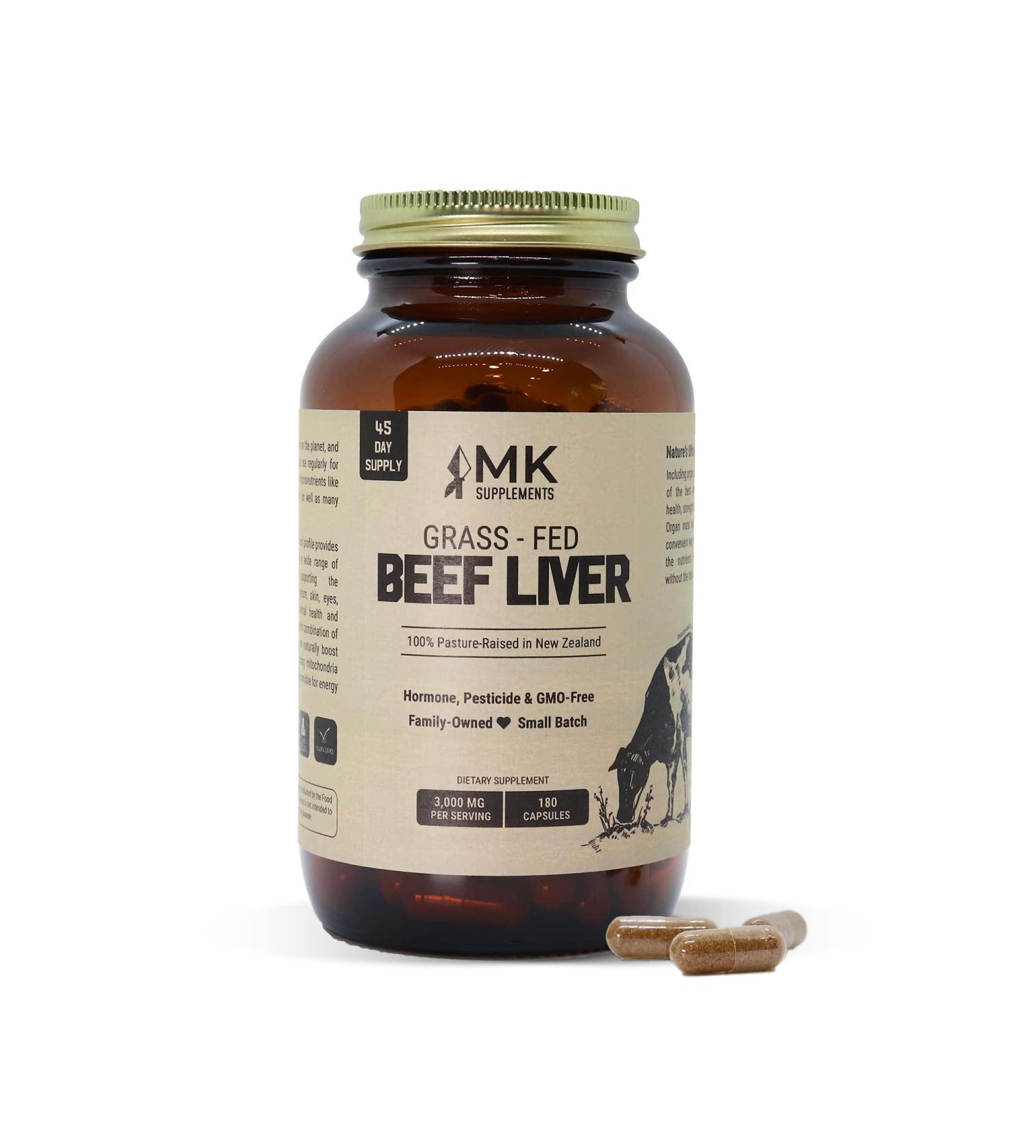 MK Supplements Grass-Fed Beef Liver 3000mg - 180 Capsules - 100% Pasture-Raised New Zealand Cattle - Buy Online on GoSupps.com