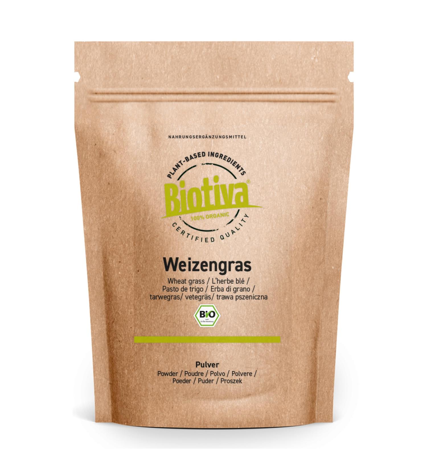 Organic wheat grass powder 1000g (2x500g) - Young and fine wheat grass powder - Bottled in Germany - Very fine taste- Biotiva - Buy Online on GoSupps.com