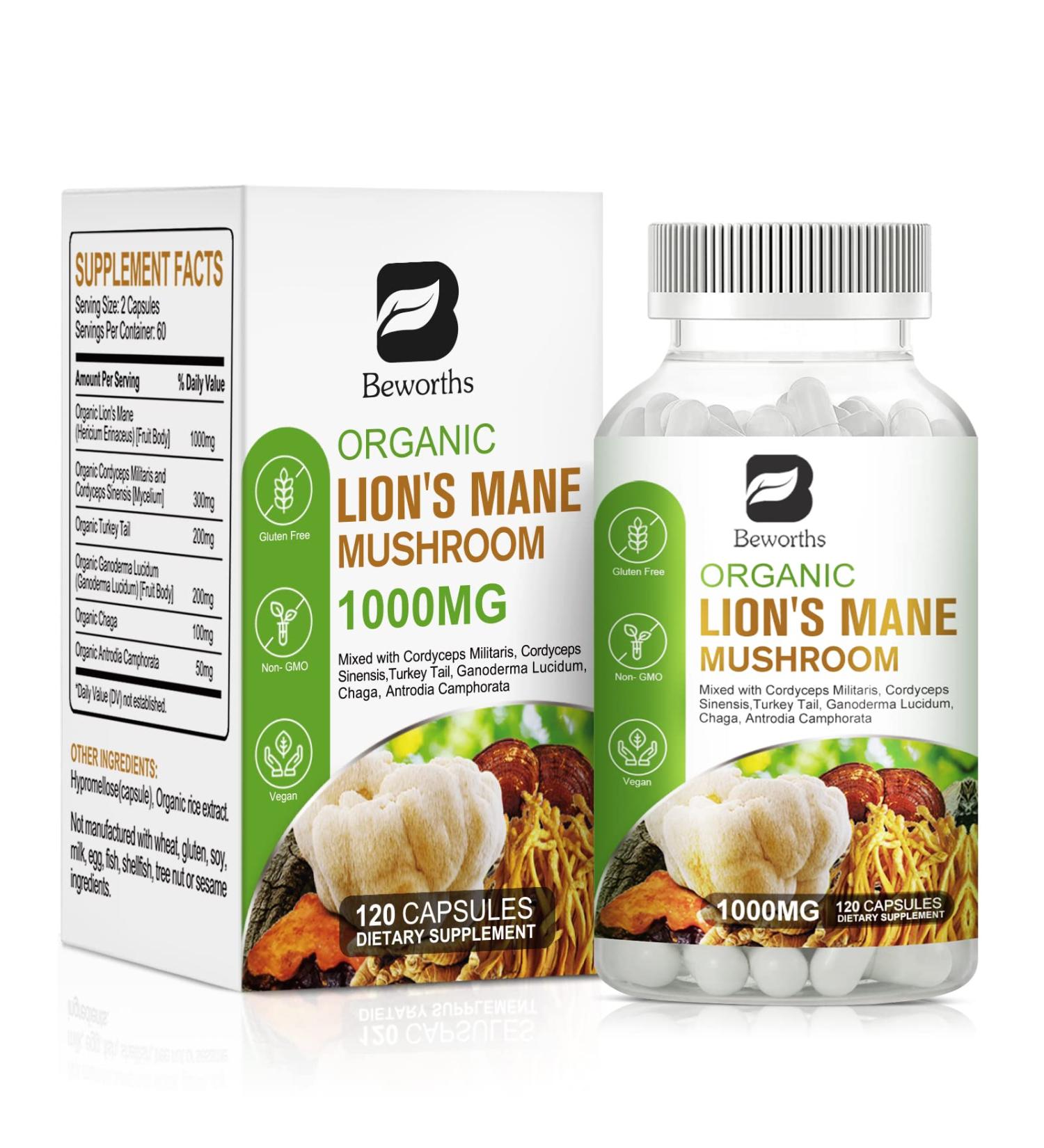 B BEWORTHS Lion's Mane Mushroom Supplement - 120 Capsules | Organic Complex with Cordyceps, Chaga, Reishi for Mental Clarity, Focus, Memory, and Immune Boost - Buy Online on GoSupps.com