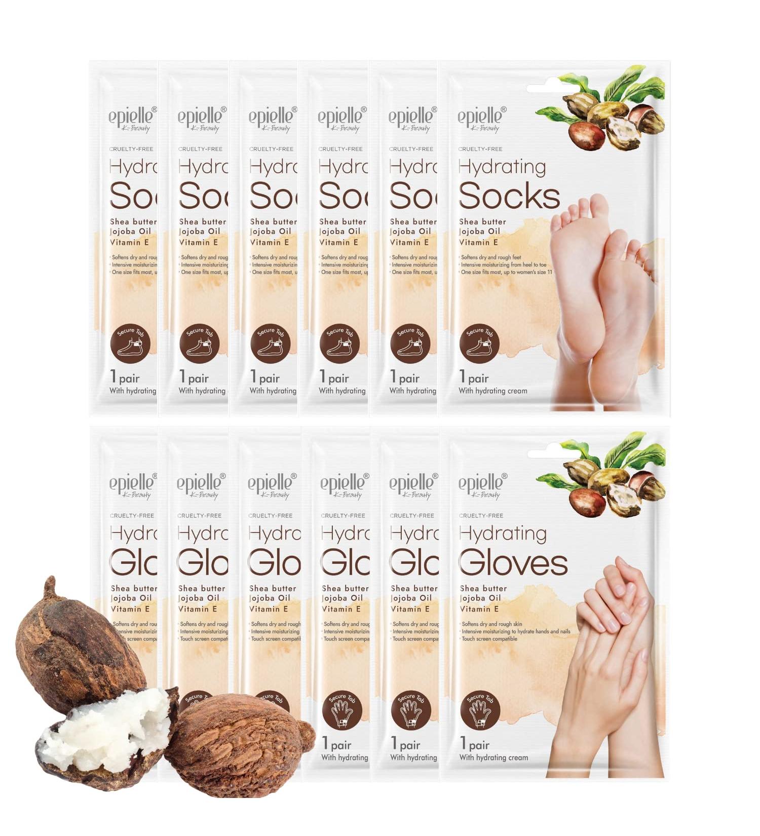 Epielle Hydrating Hand & Foot Masks 12pk - Shea Butter, Jojoba Oil, Vitamin E - Dry & Cracked Heel Treatment, Skincare Gifts - Stocking Stuffers for New Year - Buy Online on GoSupps.com