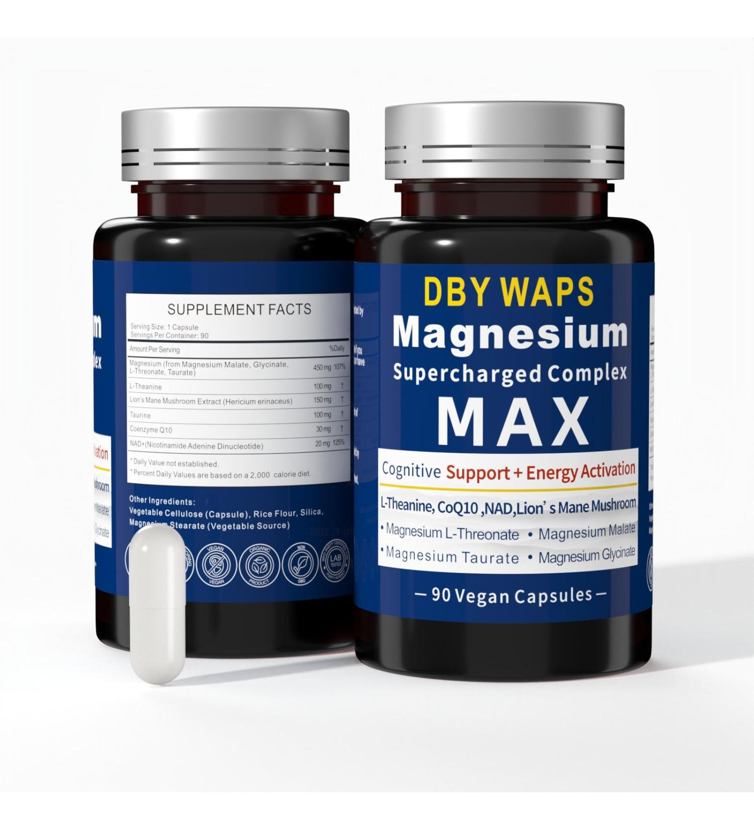Magnesium & Energy Complex 4 Types of High Absorption Magnesium with Lion s Mane Mushroom L-Theanine CoQ10 Taurine Focus Relaxation Muscle & Energy Support Vegan Non-GMO 90 Capsules - Buy Online on GoSupps.com
