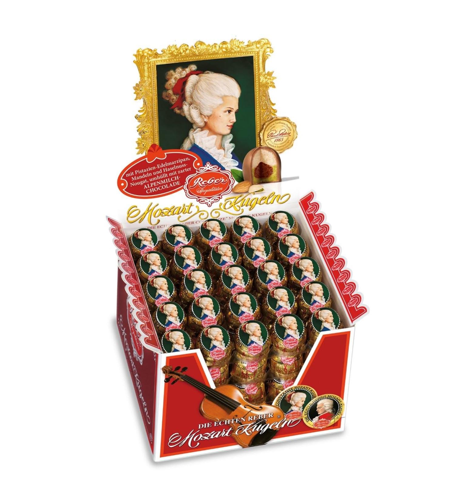 Reber Constanze Mozart Balls - 100 Alpine Milk Chocolate Treats with Pistachios Marzipan & Hazelnut Nougat | 2 kg Premium Gift Box - Buy Online on GoSupps.com