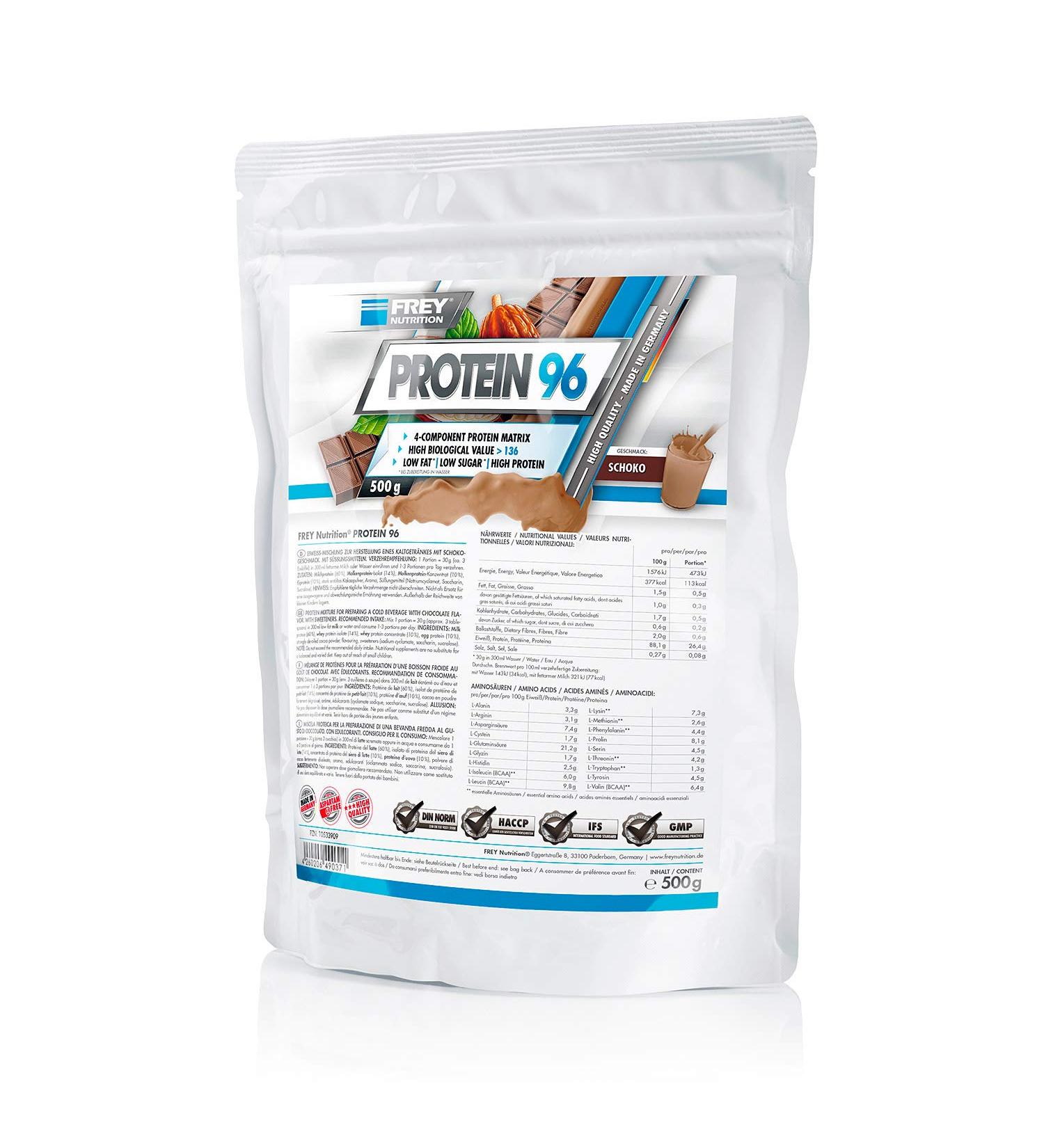 Buy Frey Nutrition Protein 96 Chocolate - 500g Zip Bag - High-Quality Protein Supplement for International Shipping - Buy Online on GoSupps.com