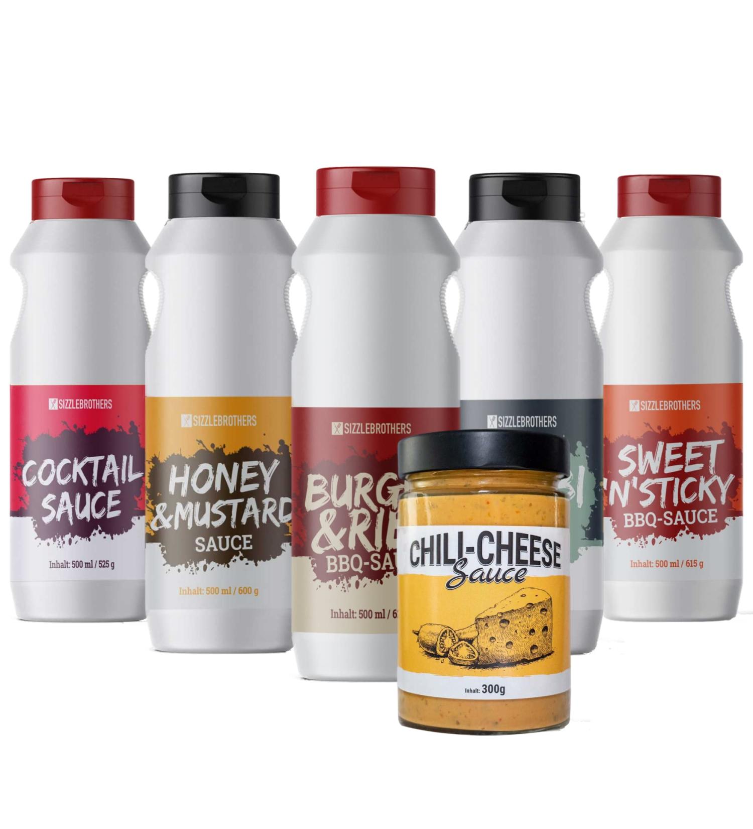 Sizzlebrothers Grillsaucen Set - 5 Sauces (500ml each) + 300g Chili Cheese Sauce | BBQ Cocktail Honey Mustard Garlic & Sweet BBQ Sauces - Buy Online on GoSupps.com